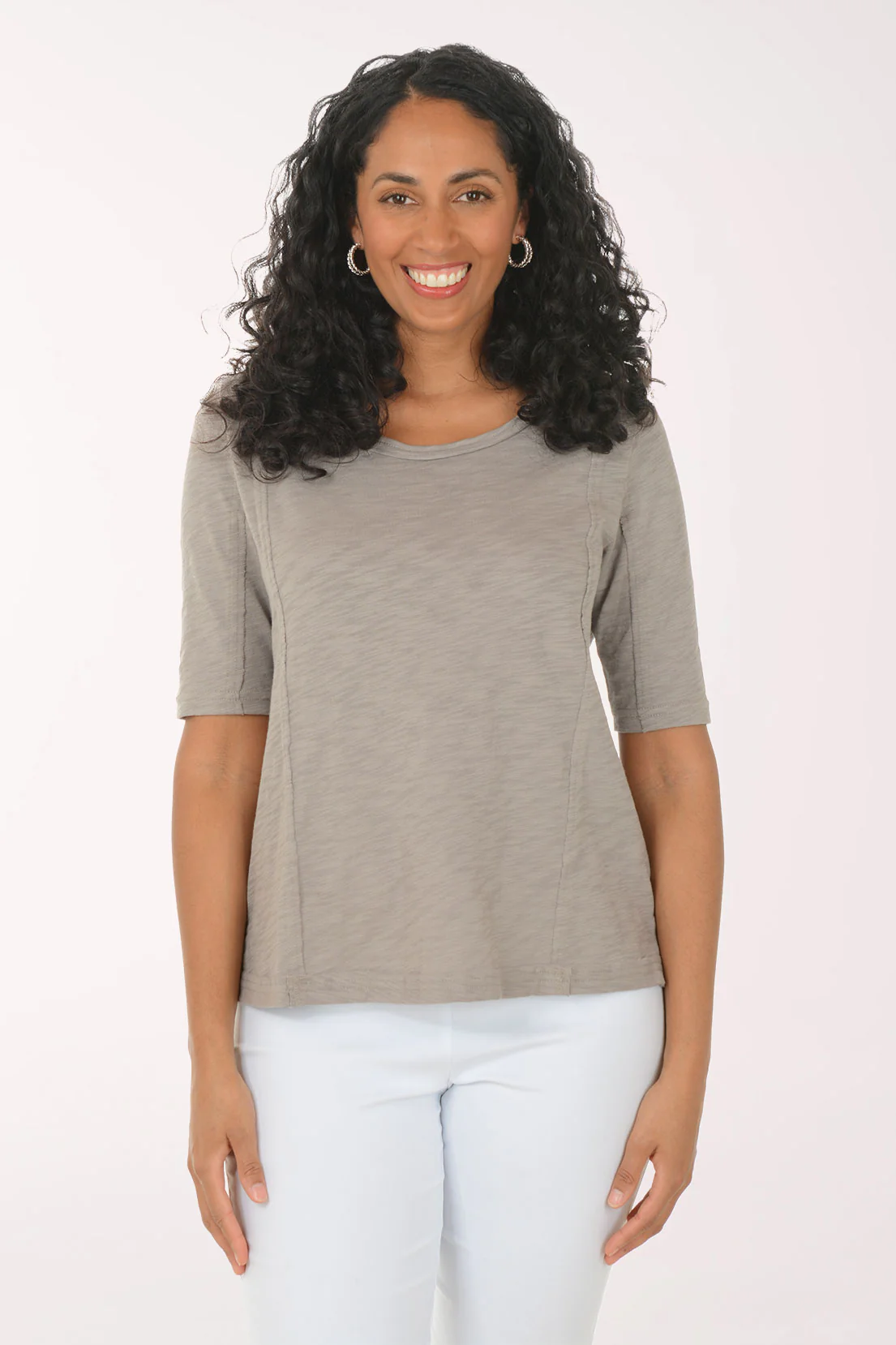Solid 100% Cotton Seamed Elbow Sleeve Tee - Image 4