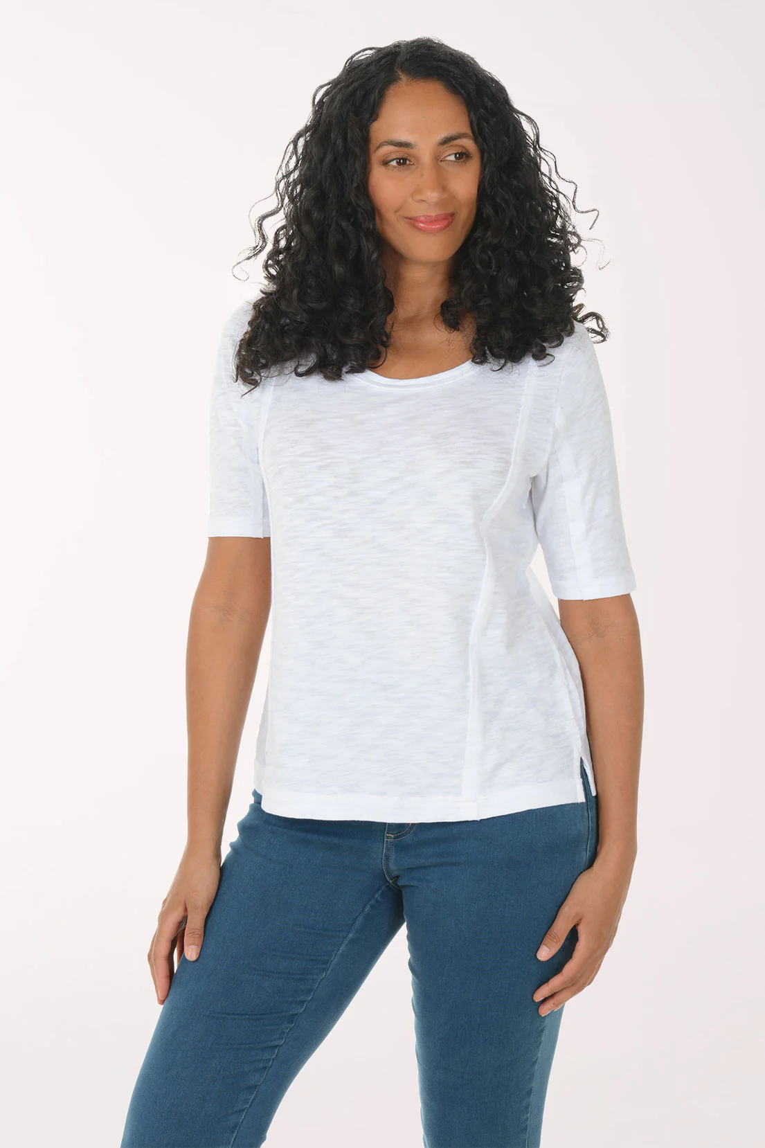 Solid 100% Cotton Seamed Elbow Sleeve Tee - Image 6
