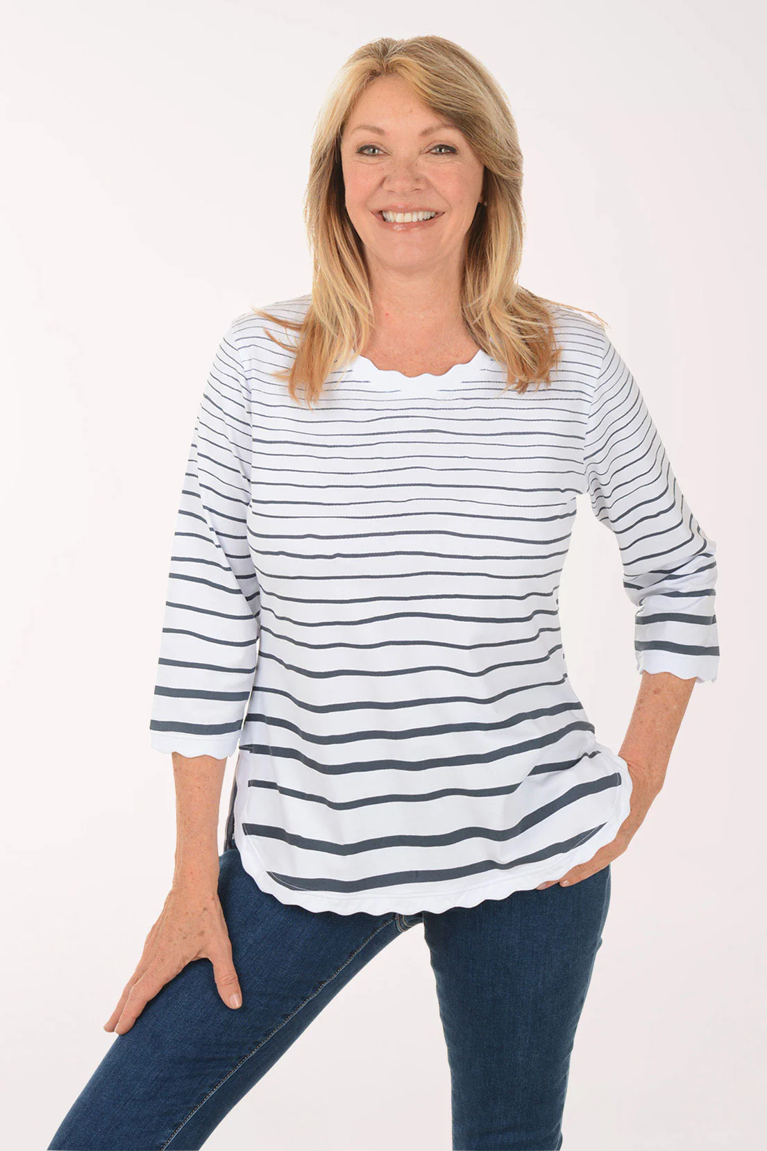 Striped Scalloped 3/4 Sleeve Top