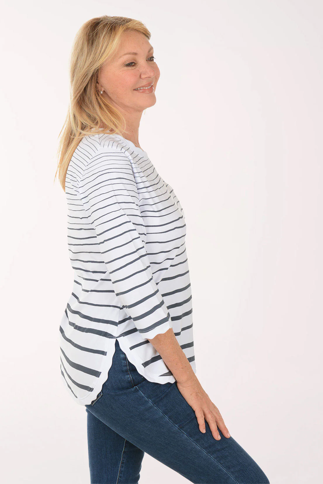 Striped Scalloped 3/4 Sleeve Top - Image 2