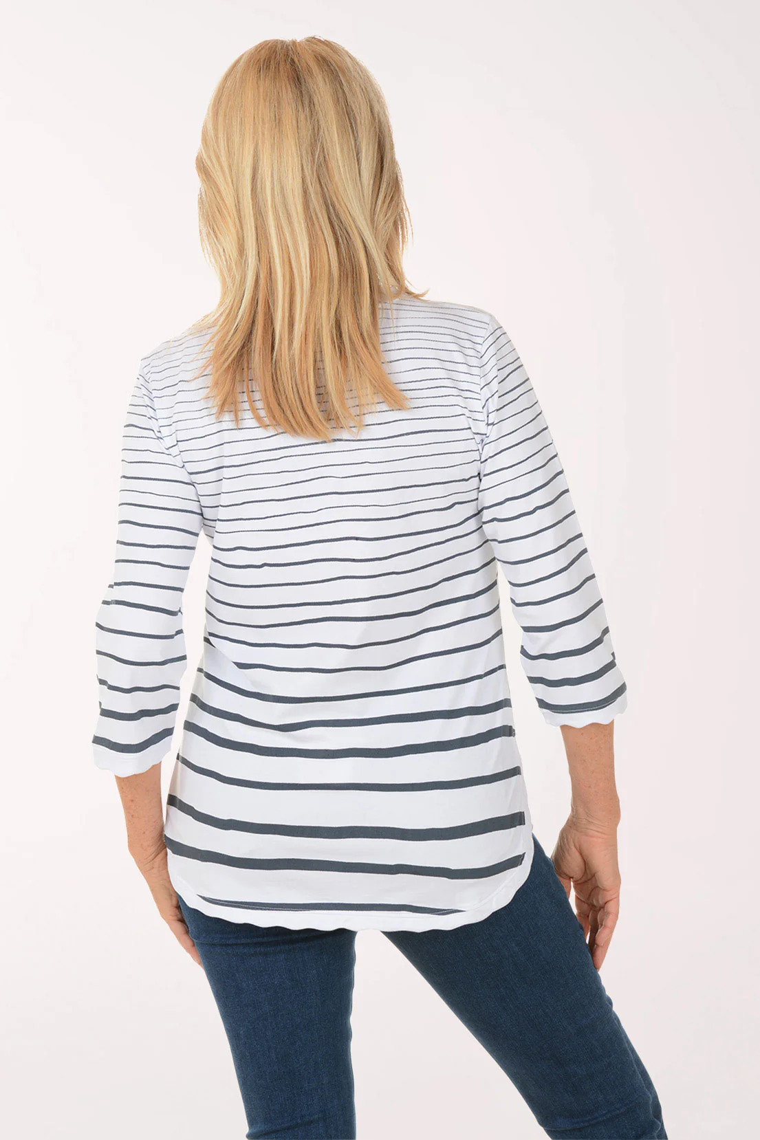 Striped Scalloped 3/4 Sleeve Top - Image 3