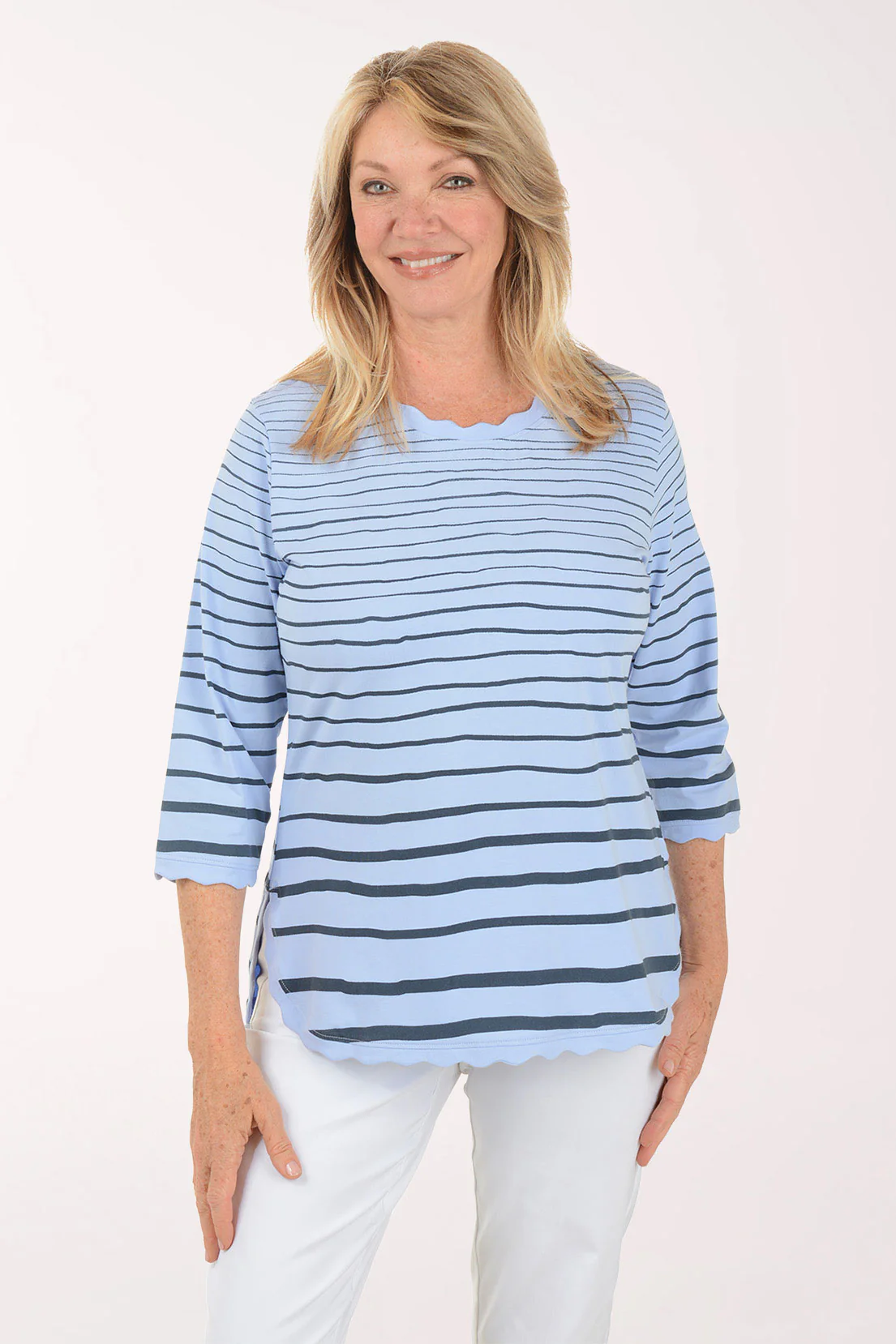 Striped Scalloped 3/4 Sleeve Top - Image 5