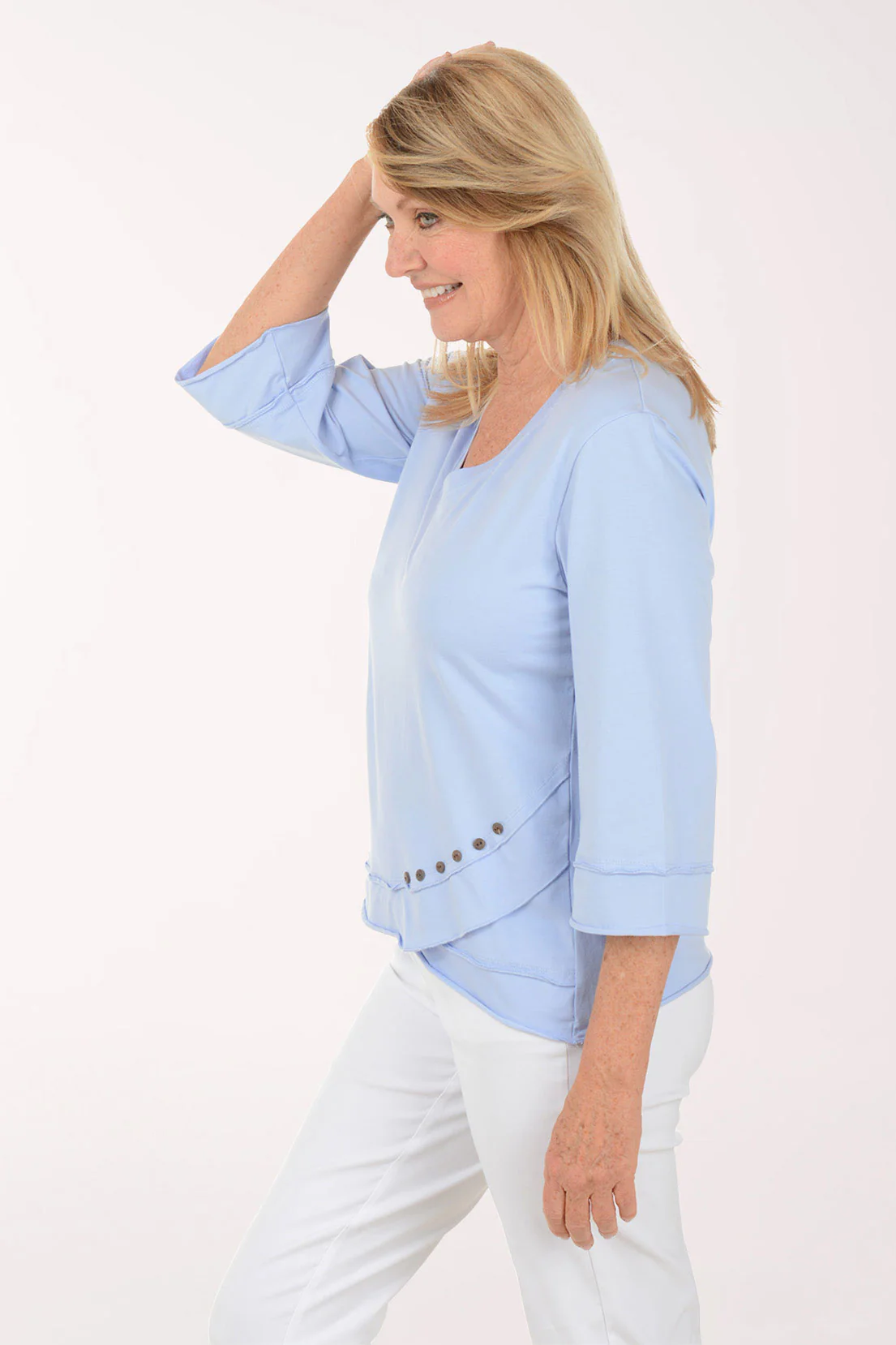 Curved Button Hem 3/4 Sleeve Top - Image 2