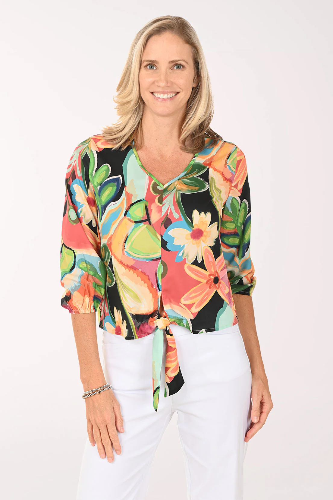 Vibrant Daisies V-Neck Tie-Front Blouse