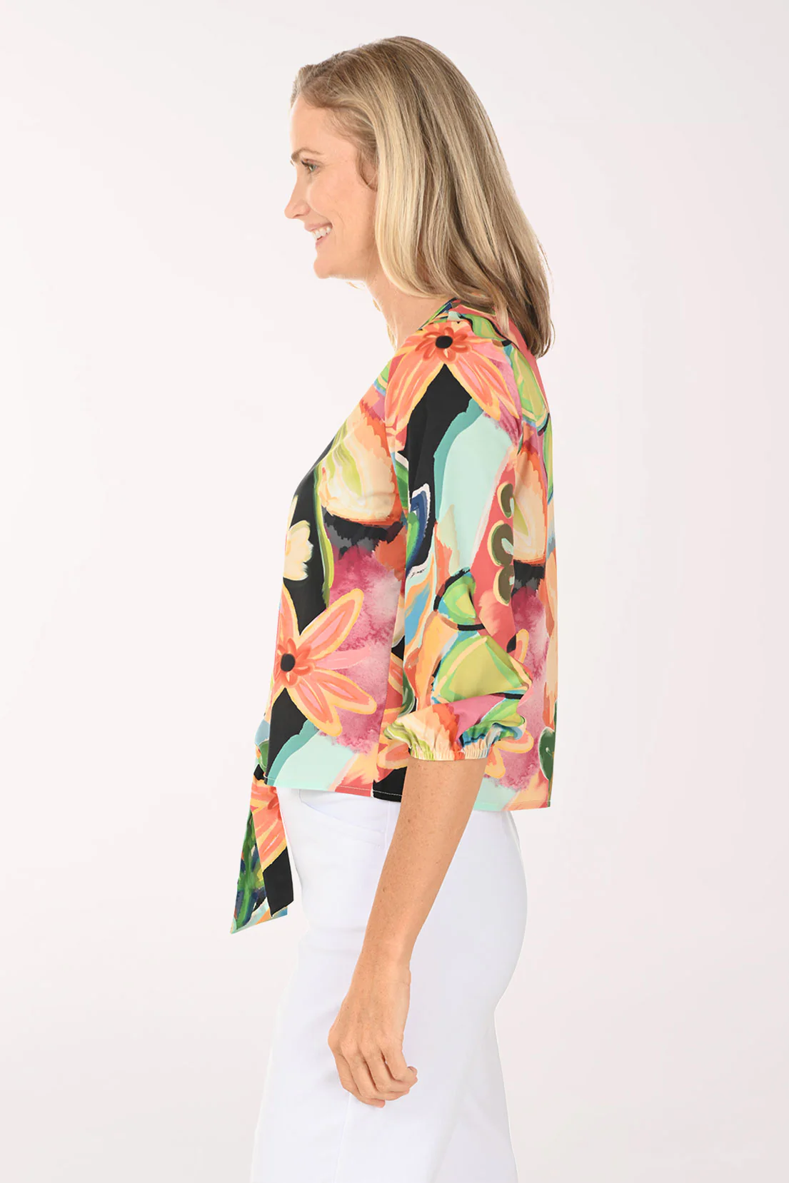 Vibrant Daisies V-Neck Tie-Front Blouse - Image 2