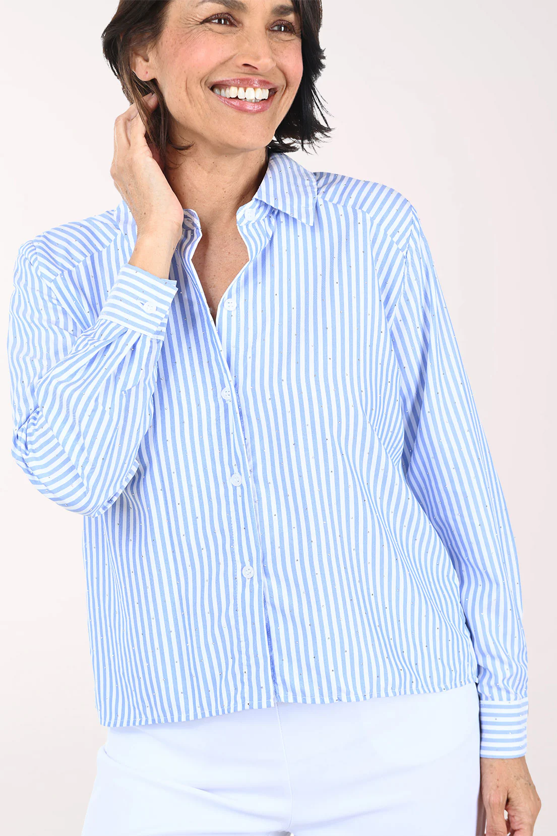 Rhinestone Striped High-Low Shirt - Image 2