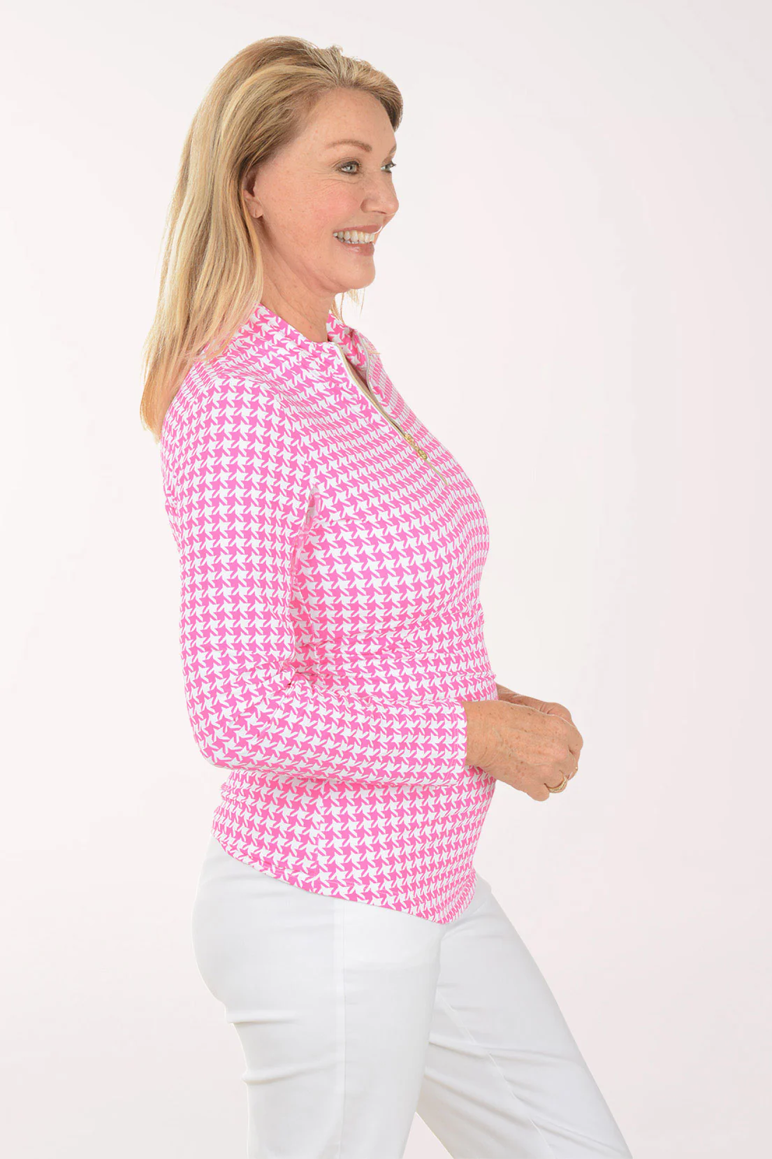Pink Houndstooth UPF50+ Quarter Zip Top - Image 2