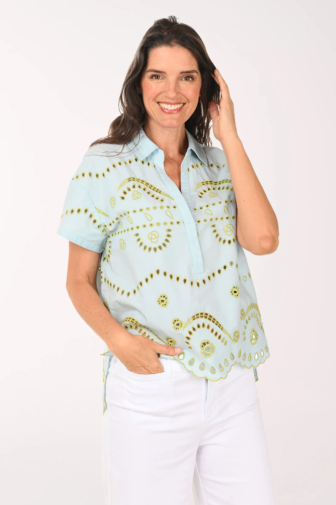 Aqua Contrast Eyelet Short Sleeve Blouse - Image 4