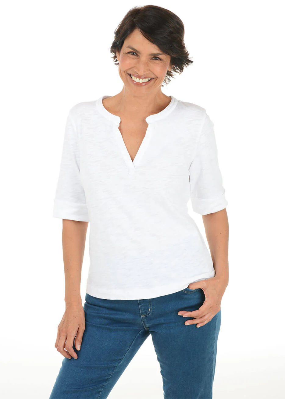 Split Neck 100% Cotton Slub Knit Top - Image 4