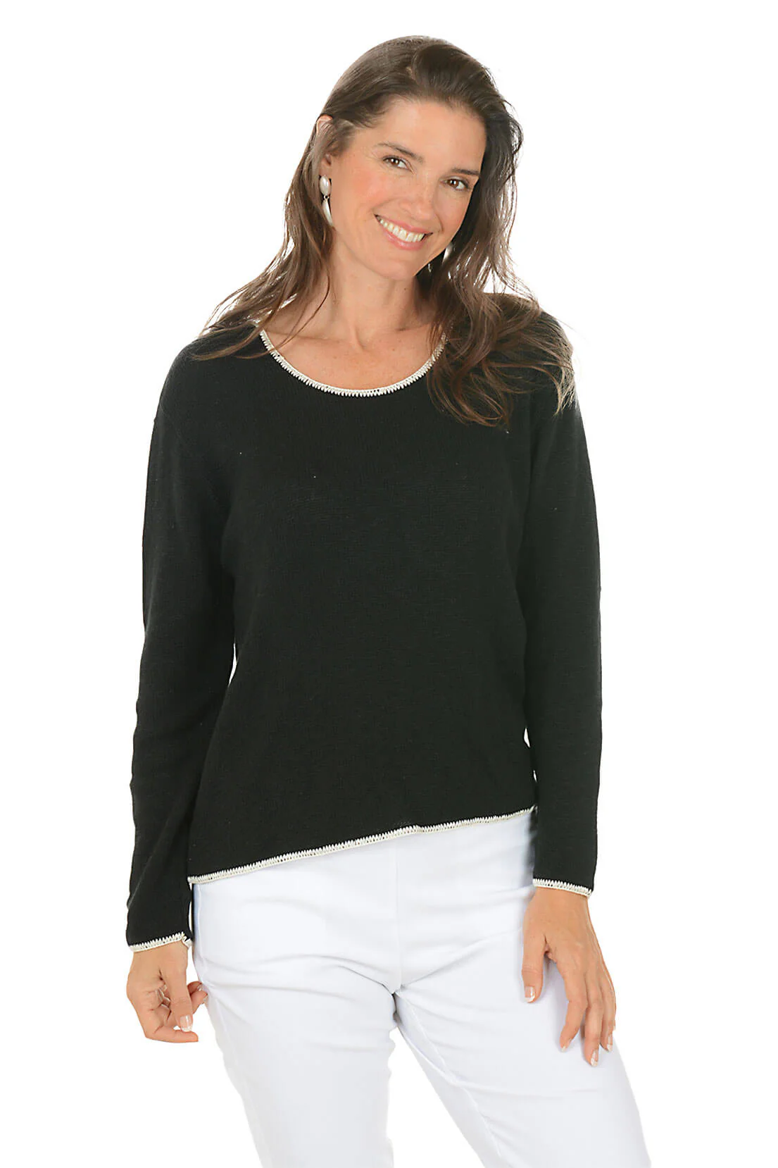 Contrast Piping 100% Cotton Crewneck Sweater