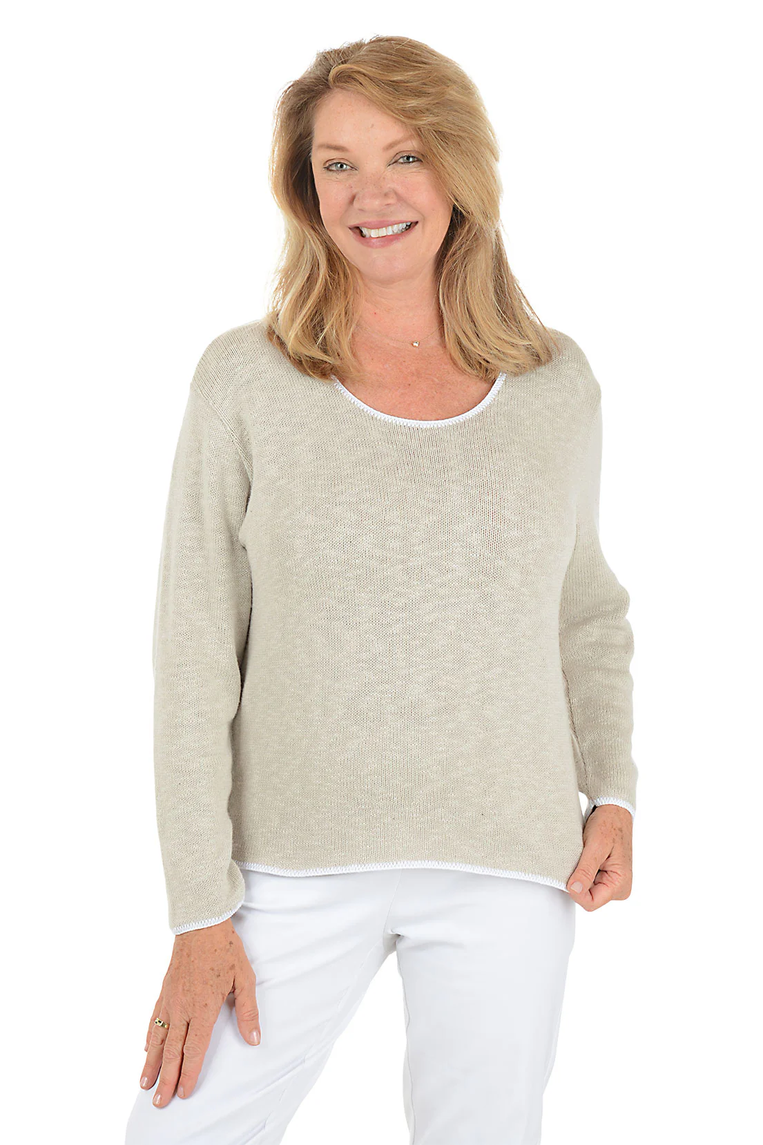 Contrast Piping 100% Cotton Crewneck Sweater - Image 4