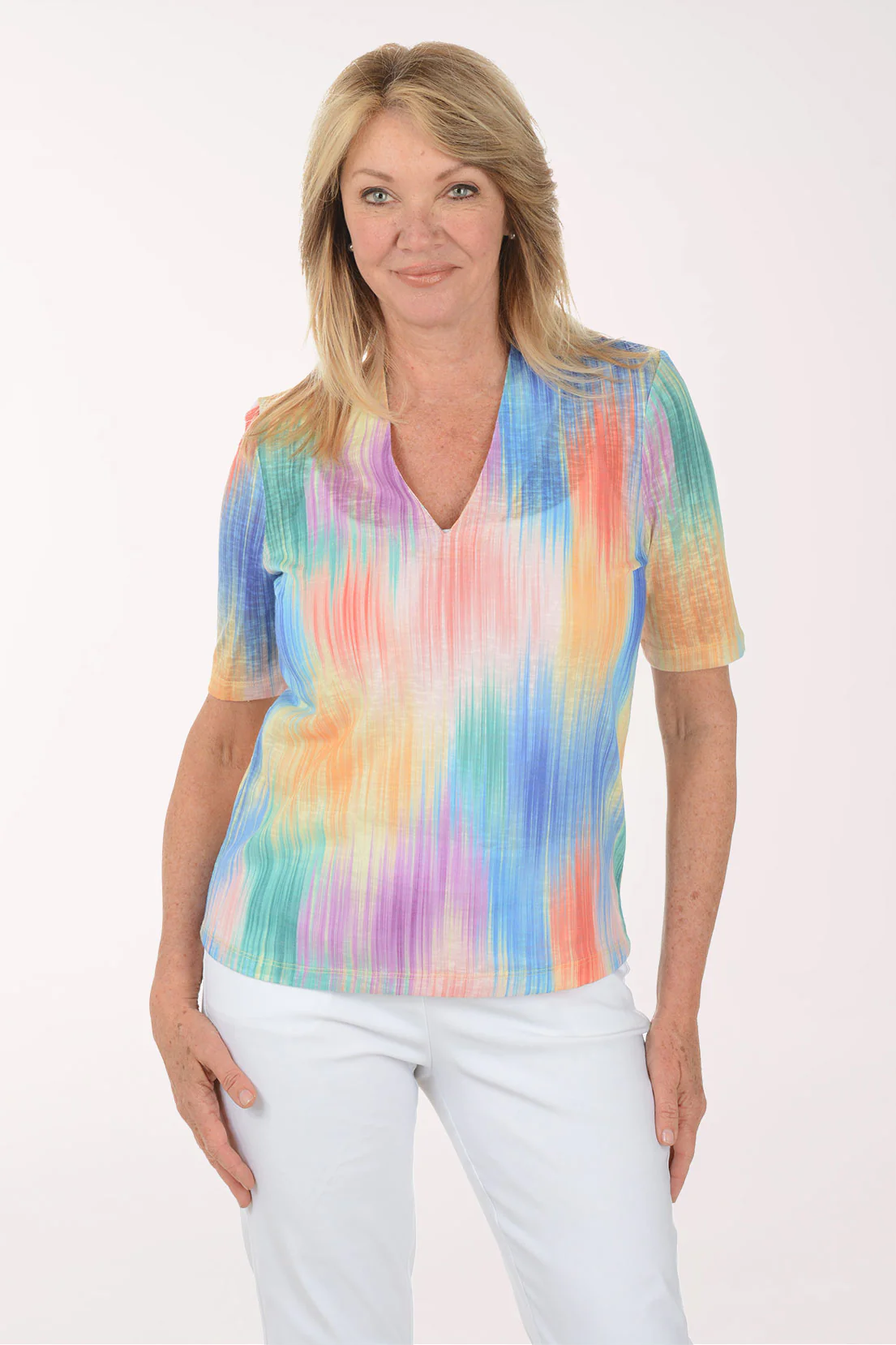 Tropical Ikat V-Neck Elbow Sleeve Top