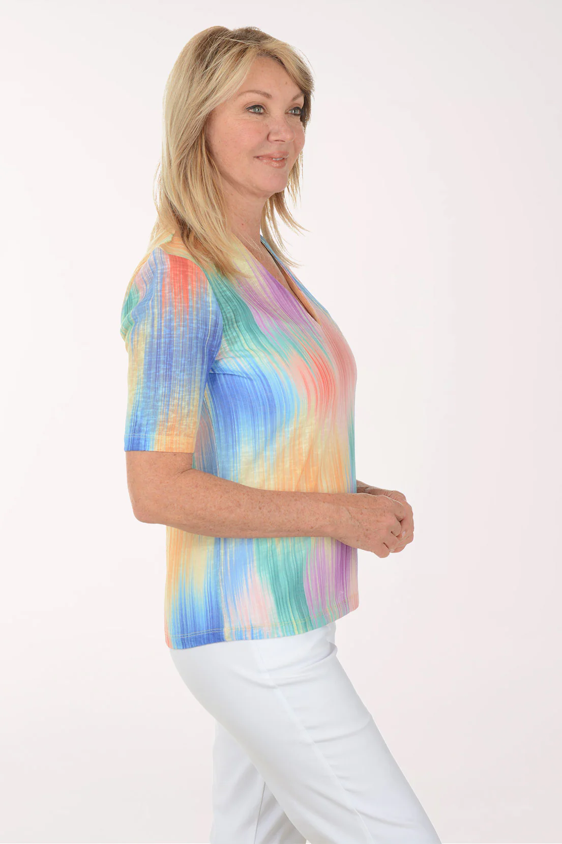 Tropical Ikat V-Neck Elbow Sleeve Top - Image 2