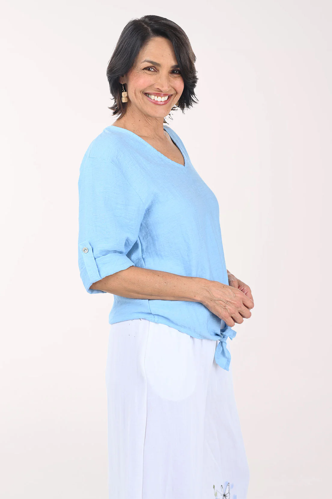 Linen-Blend Tie-Front Roll Sleeve Blouse - Image 2