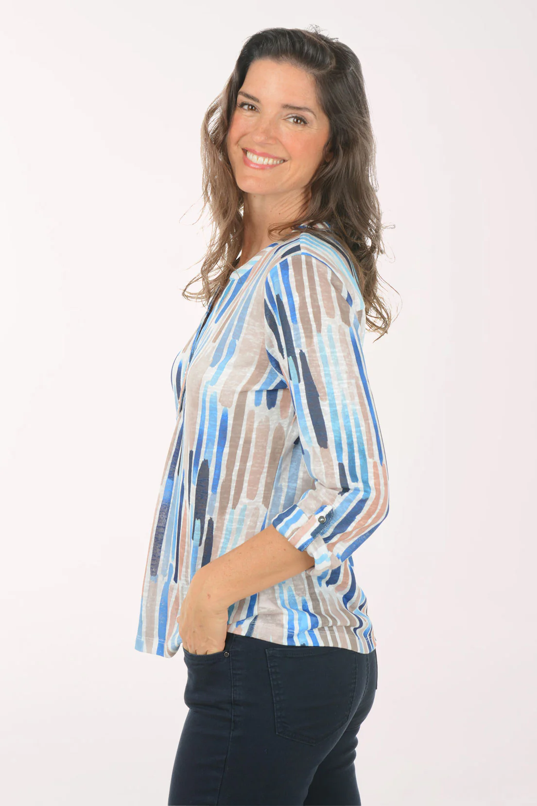 Neutral Zippy Stripes Henley Top - Image 3