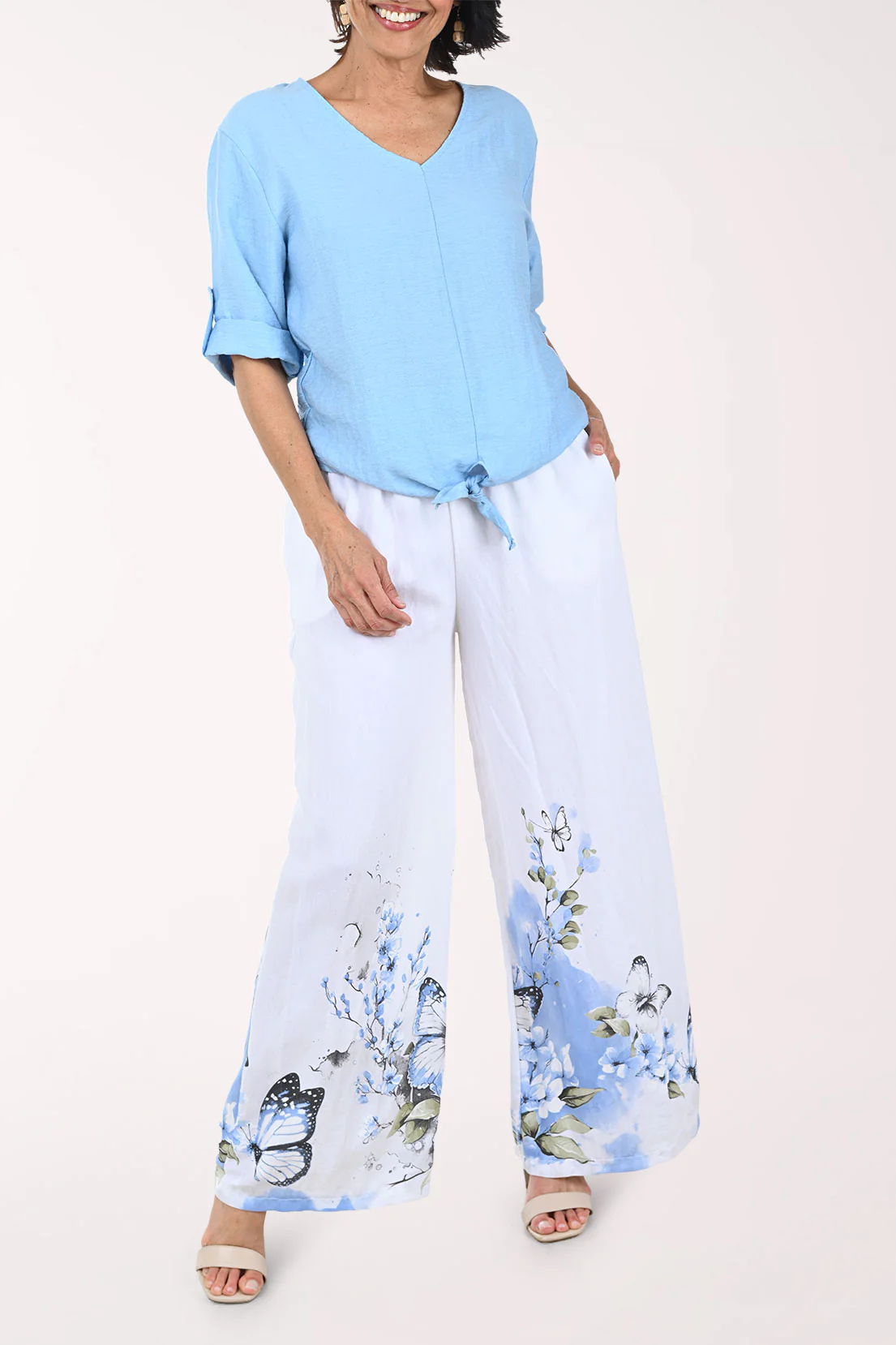 Blue Butterfly Linen-Blend Palazzo Pant - Image 2