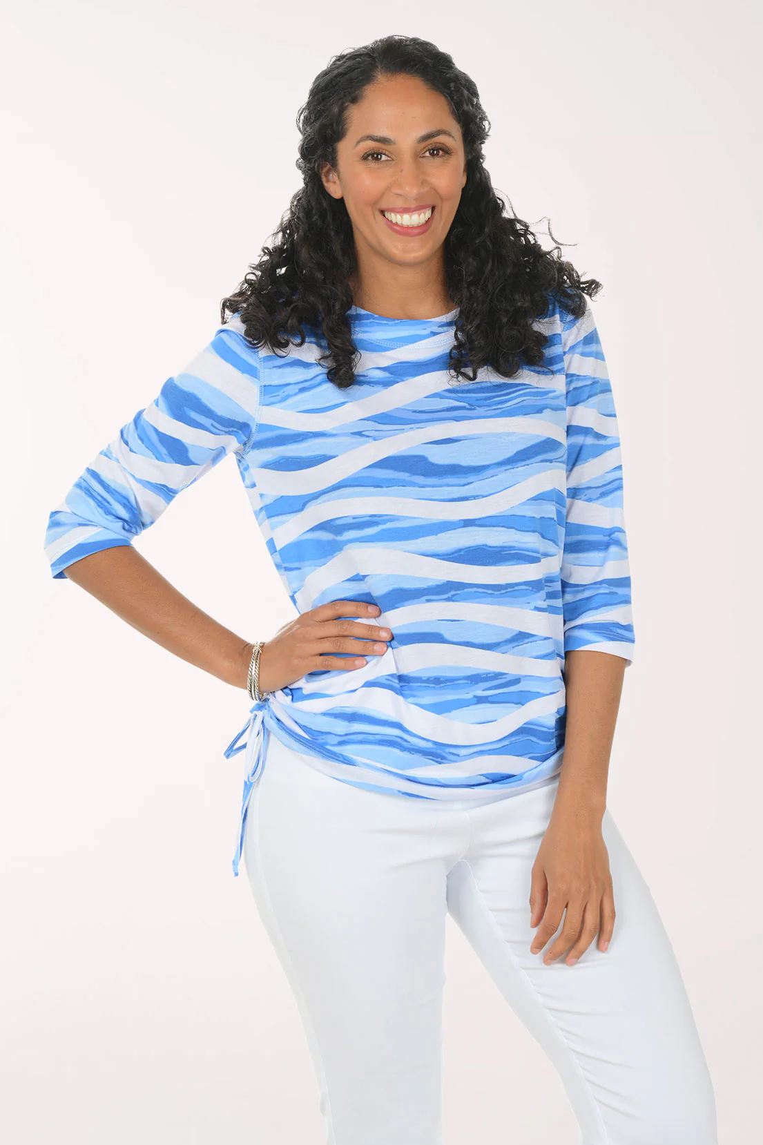 Petite Blue Wavy Stripe Side Shirred Top