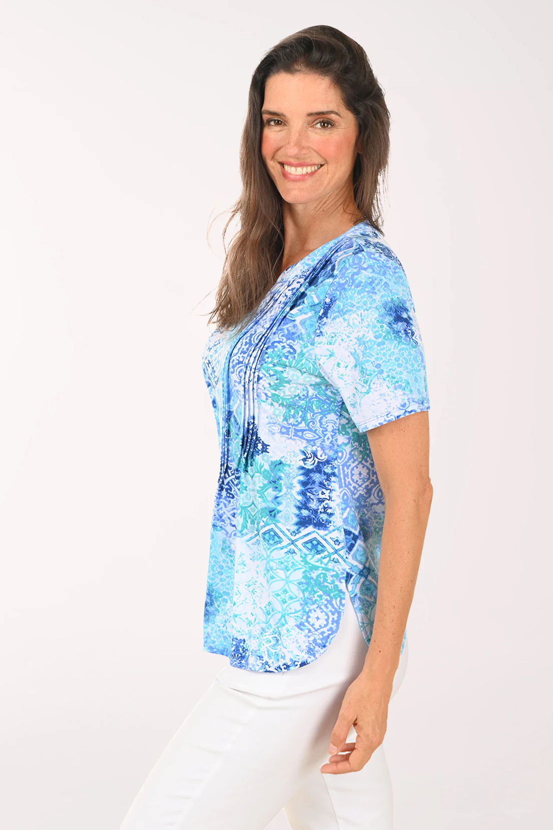 Coastal Blue Jade Medallion Pleated Top - Image 2