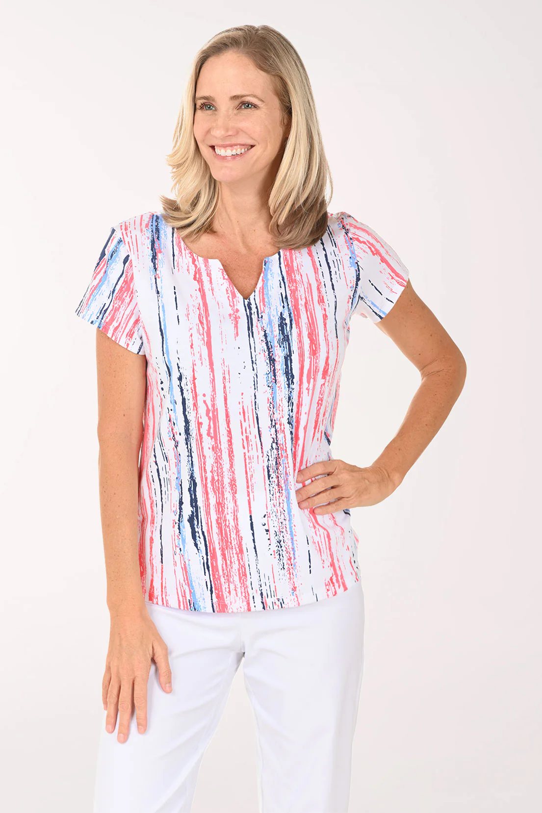 Clementine Paint Stripes Notched Neck Tee
