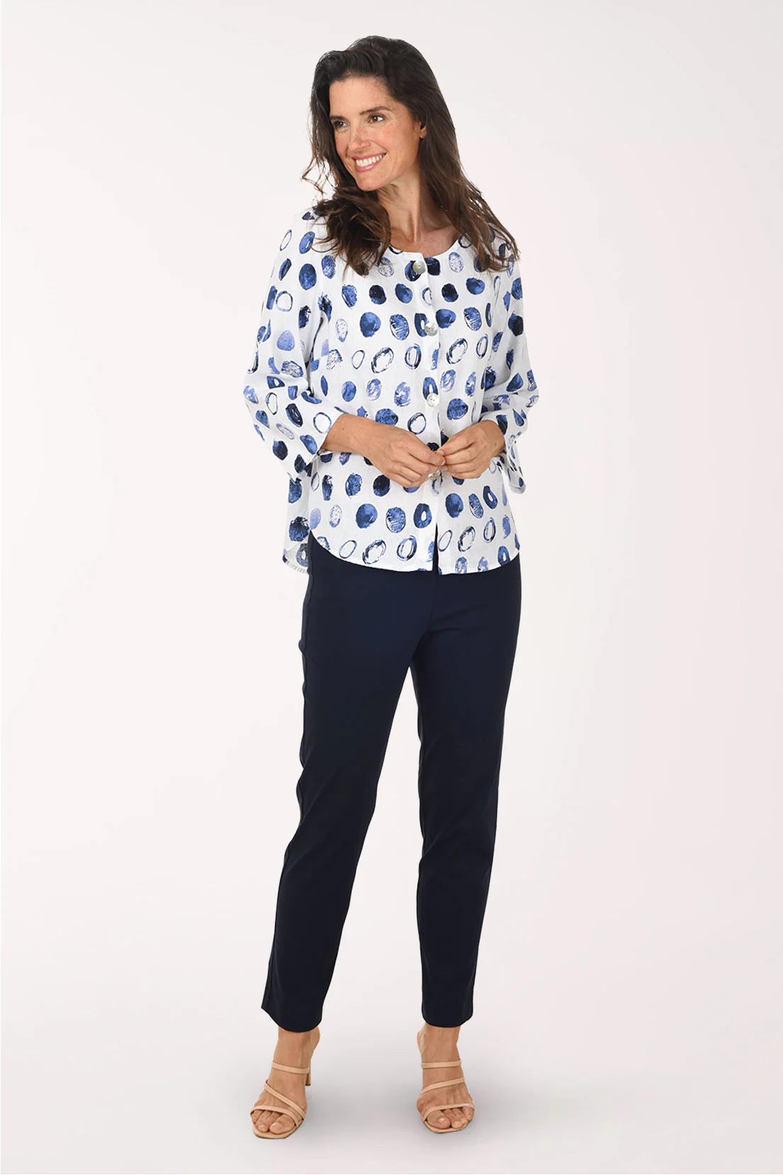 Blue Dots Linen-Blend Collarless Shirt - Image 4