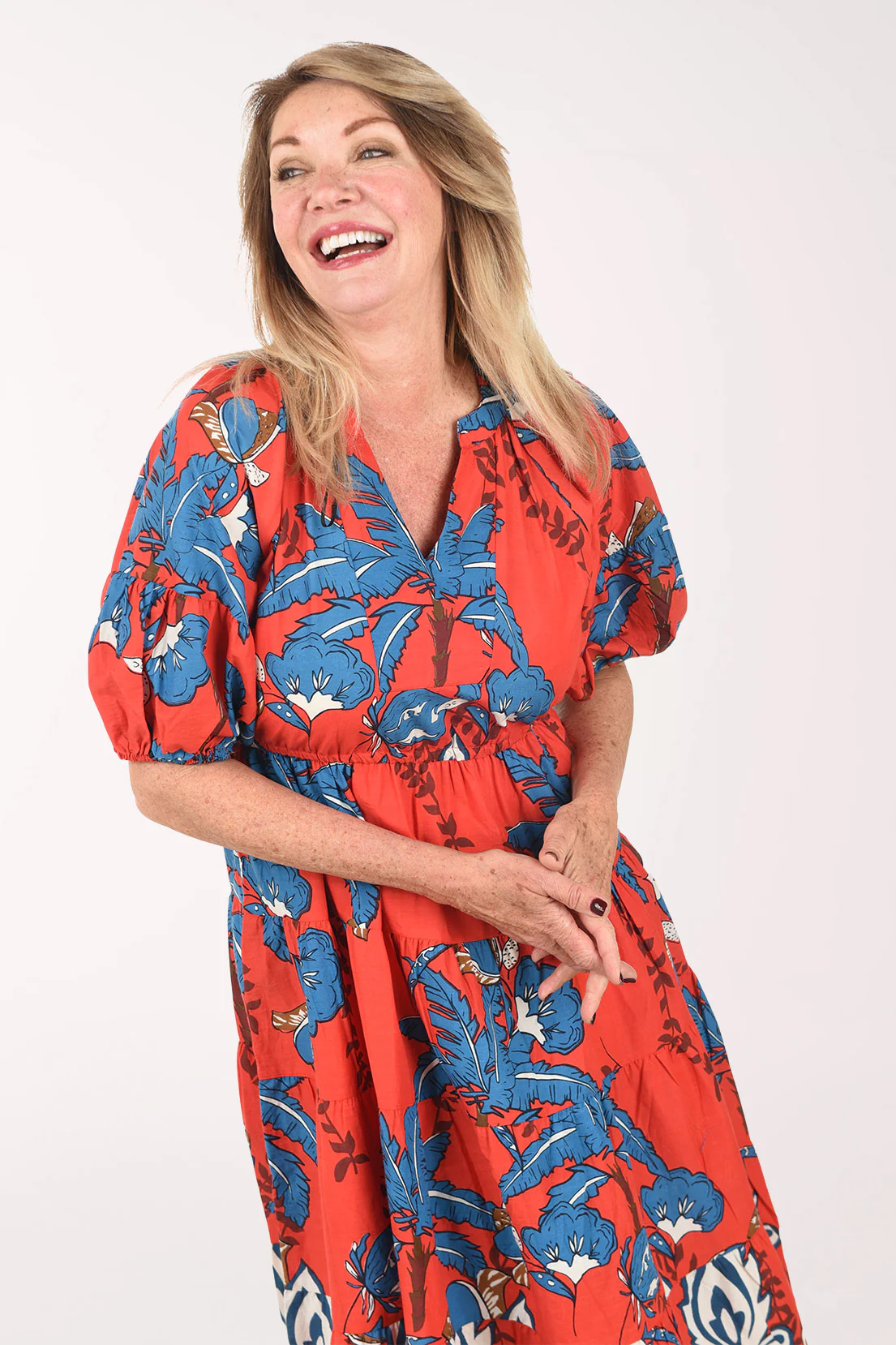 Red Palm Cotton Puff Sleeve Dress - Image 4