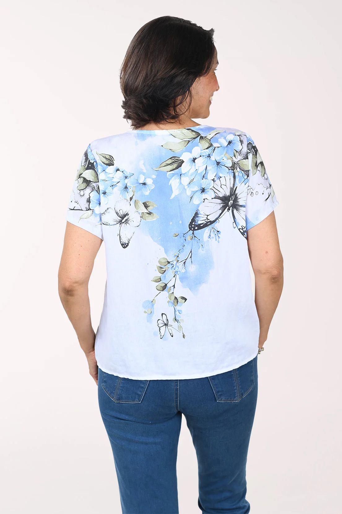Blue Butterfly Linen-Blend Short Sleeve Top - Image 3