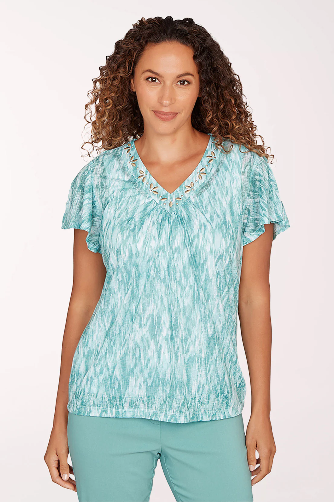 Petite Fresh Start Ikat Short Flounce Sleeve Top