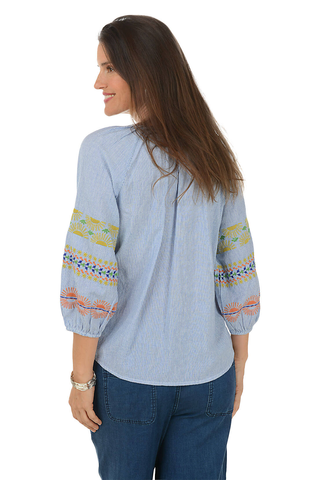 Rising Sun Embroidery Pinstriped Cotton Blouse - Image 3