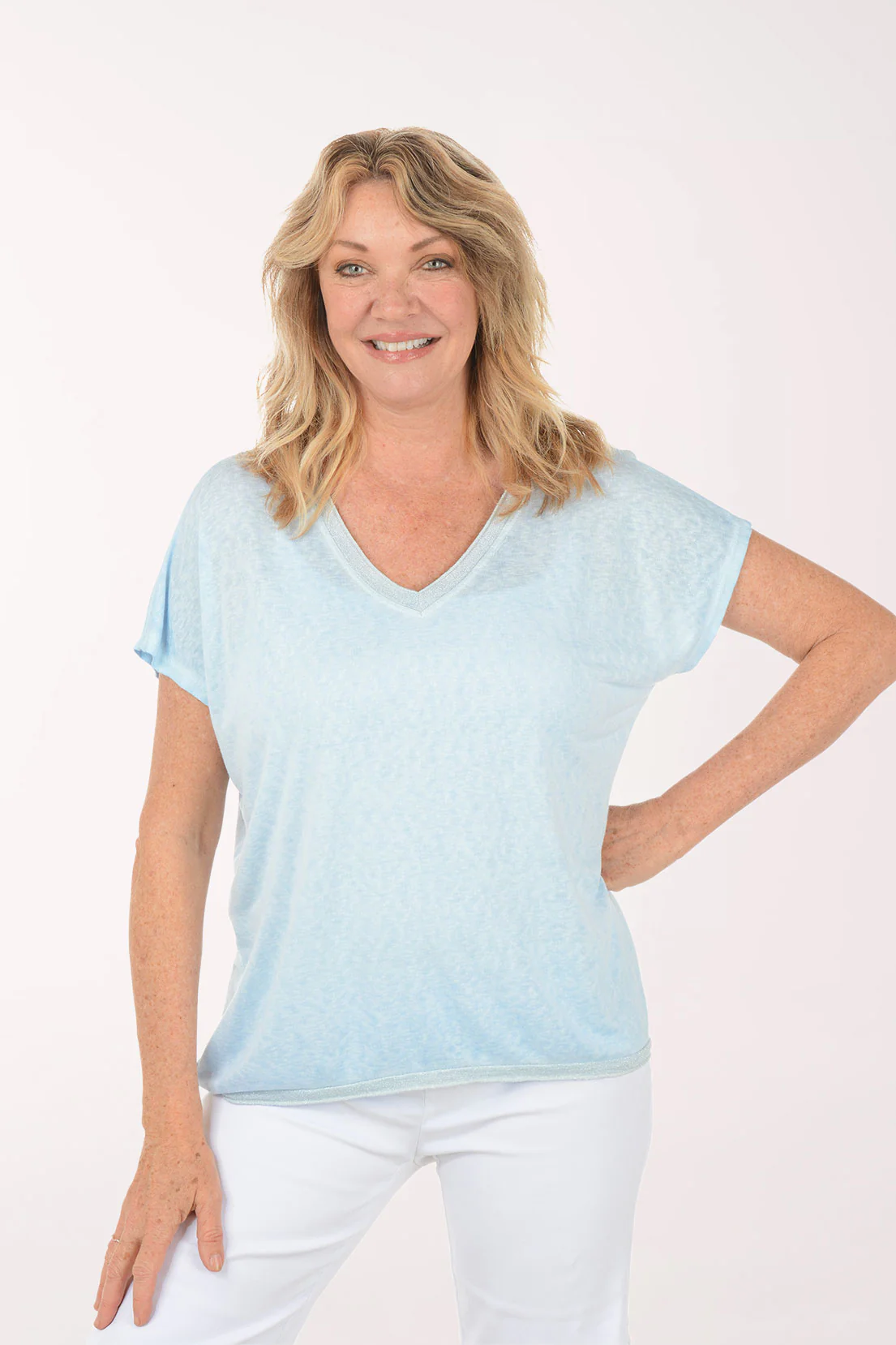 Glitter Trim V-Neck Tee - Image 6