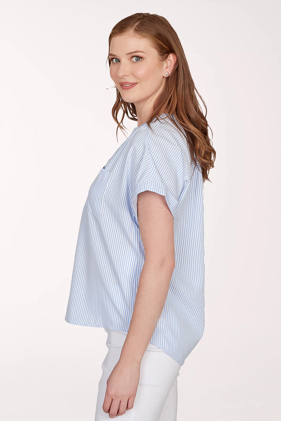 Aqua Fresh Striped Short Sleeve Blouse - Image 2