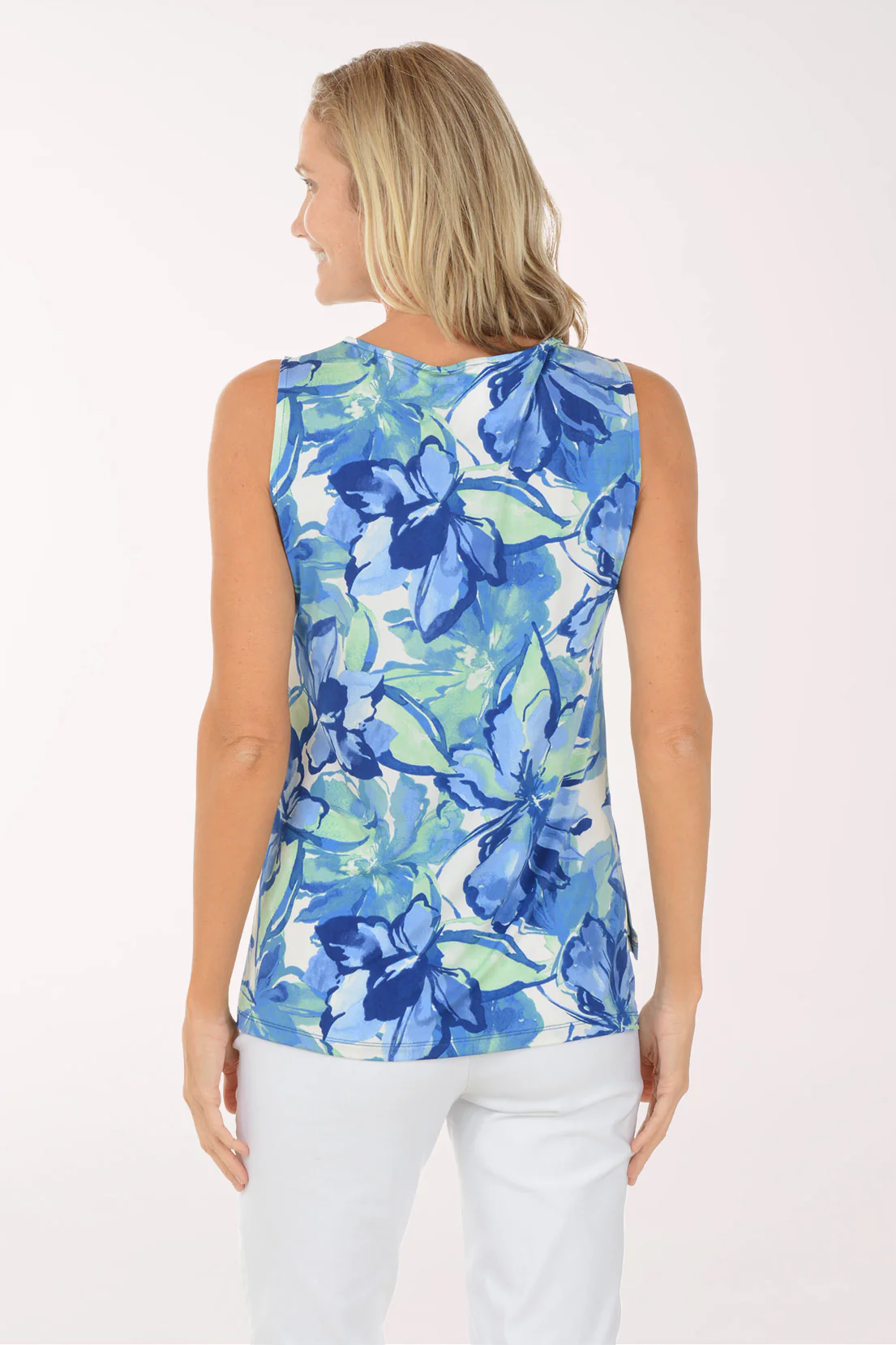 Blue Floral Silky Knit Sleeveless Top - Image 3