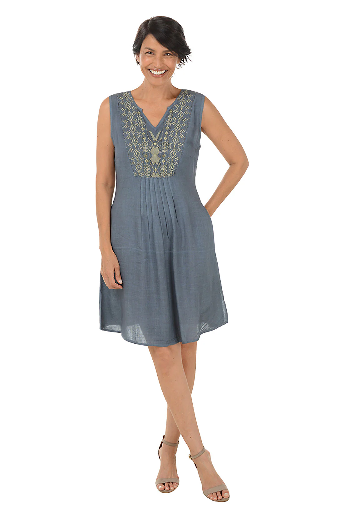 Grey Diamond Embroidery Pleated Sleeveless Dress