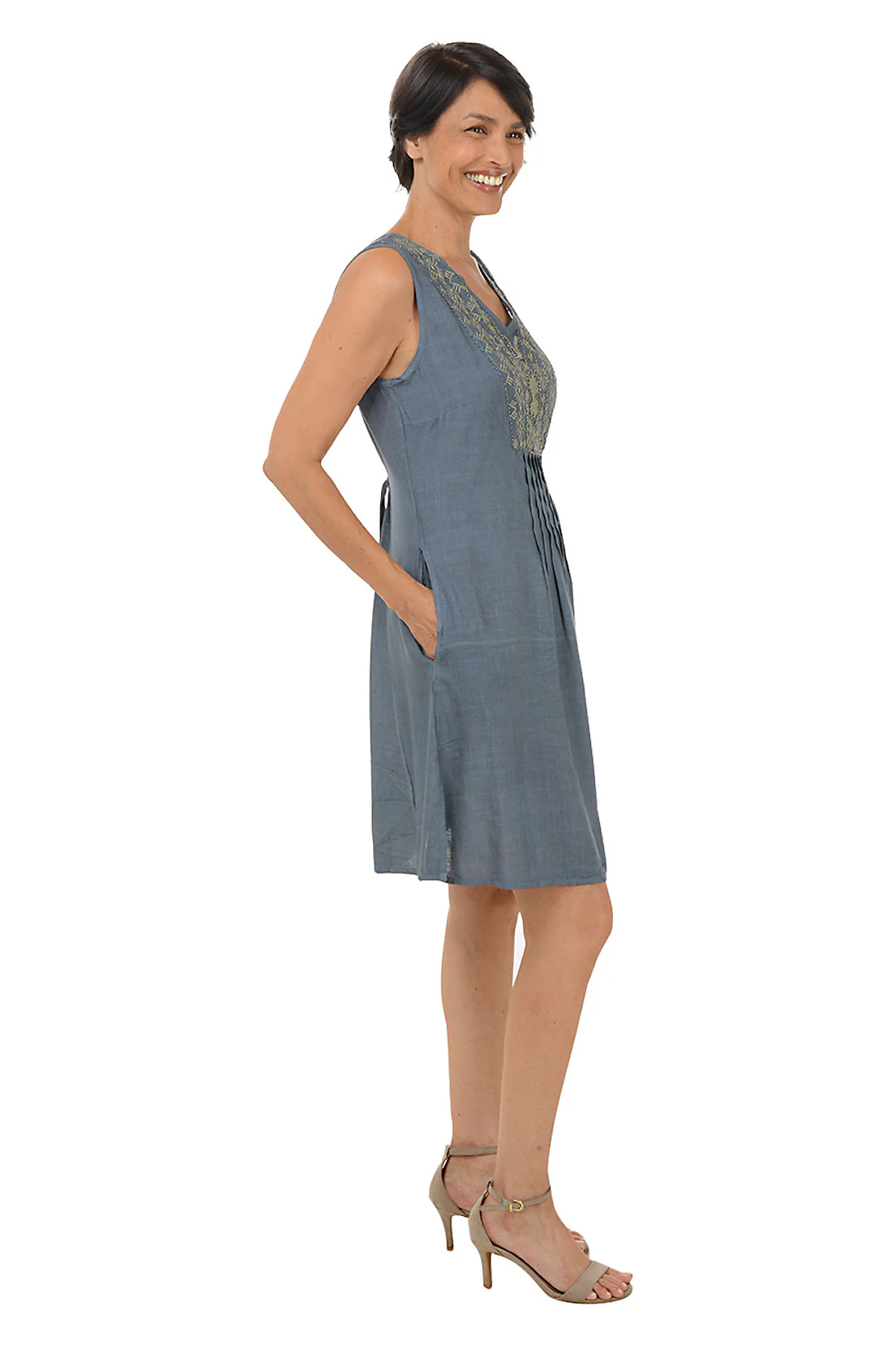 Grey Diamond Embroidery Pleated Sleeveless Dress - Image 2