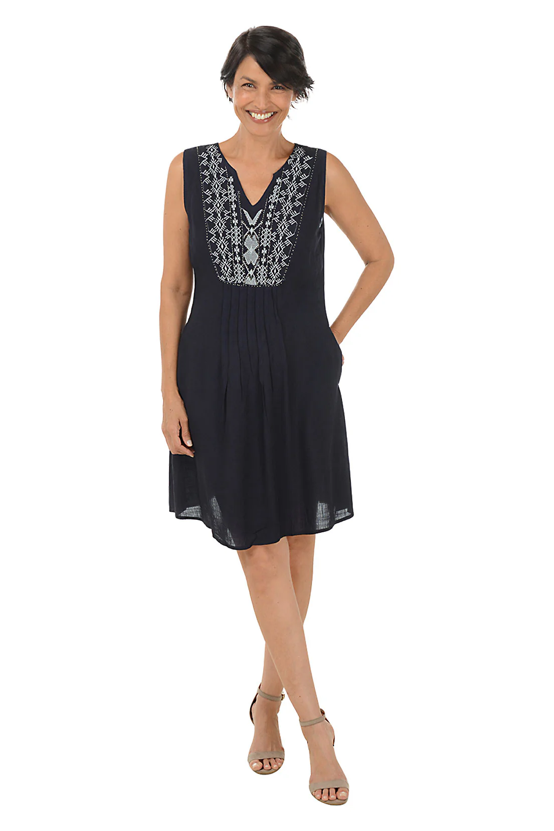 Navy Diamond Embroidery Pleated Sleeveless Dress - Image 4