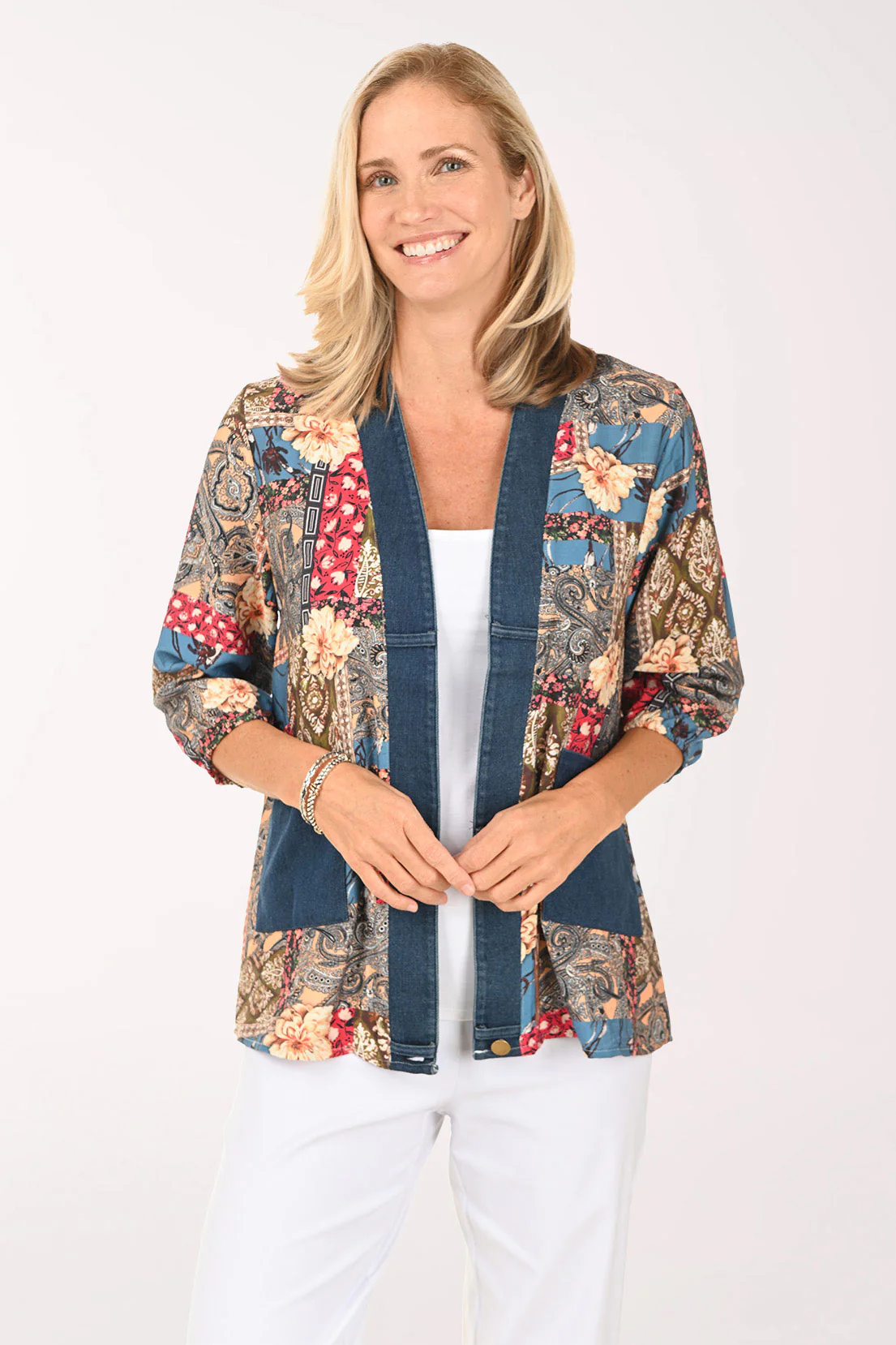 Patchwork Denim Trim Open Front Top