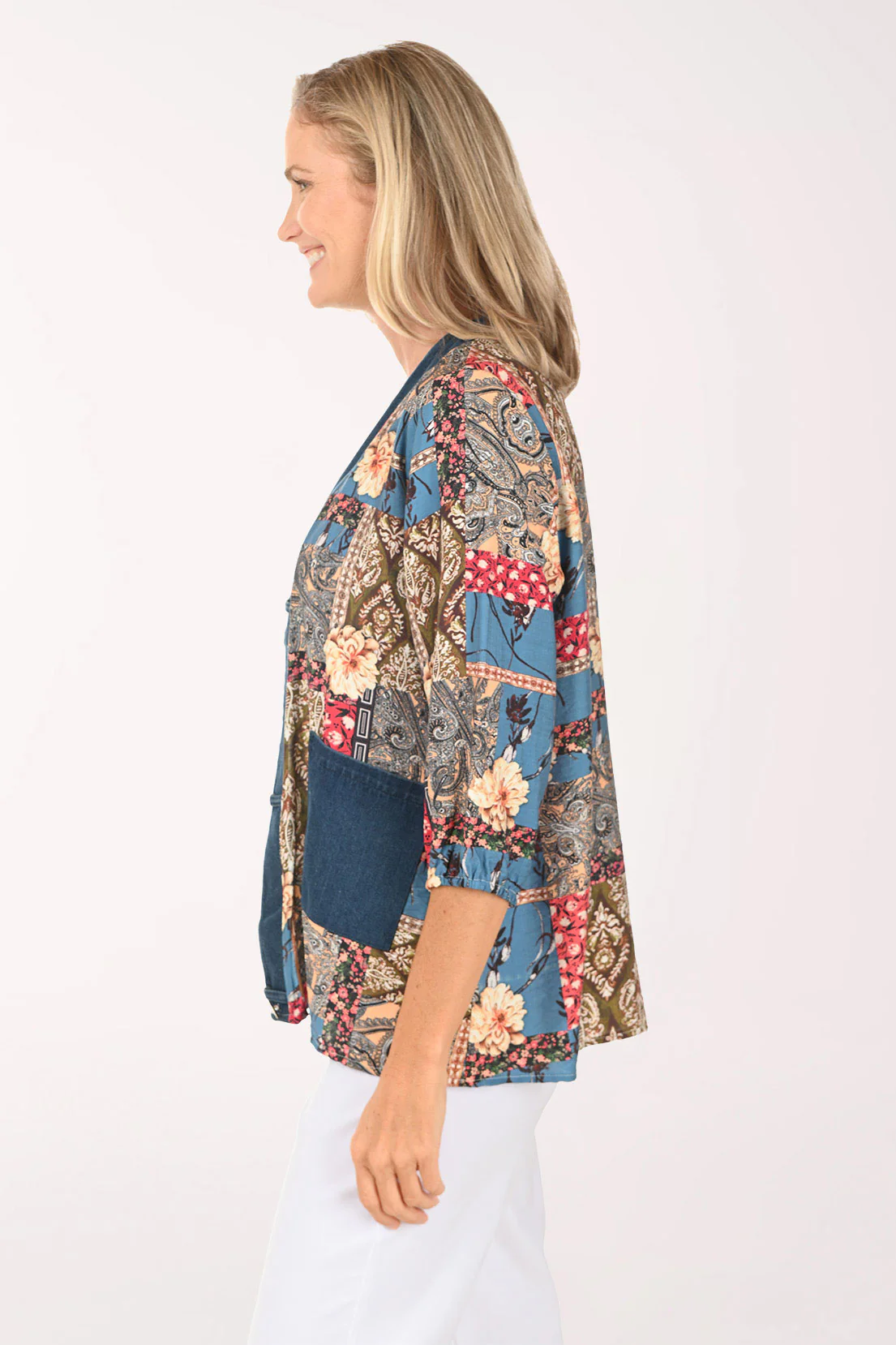 Patchwork Denim Trim Open Front Top - Image 2