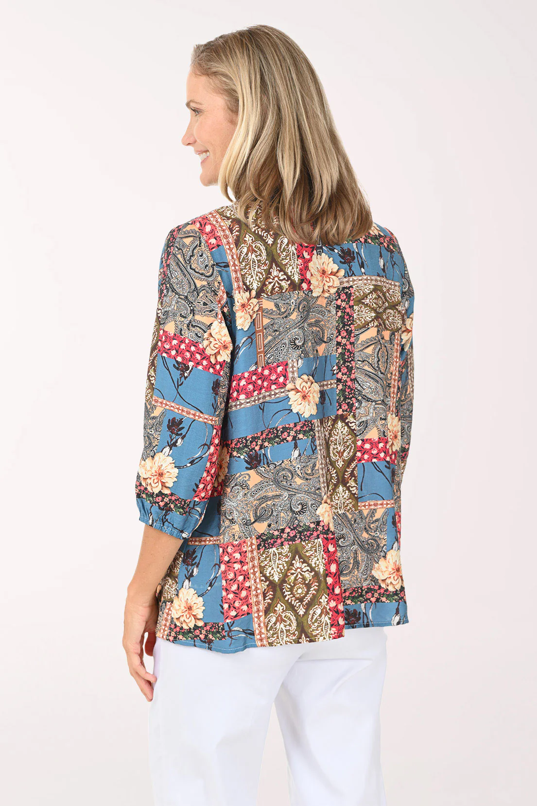 Patchwork Denim Trim Open Front Top - Image 3
