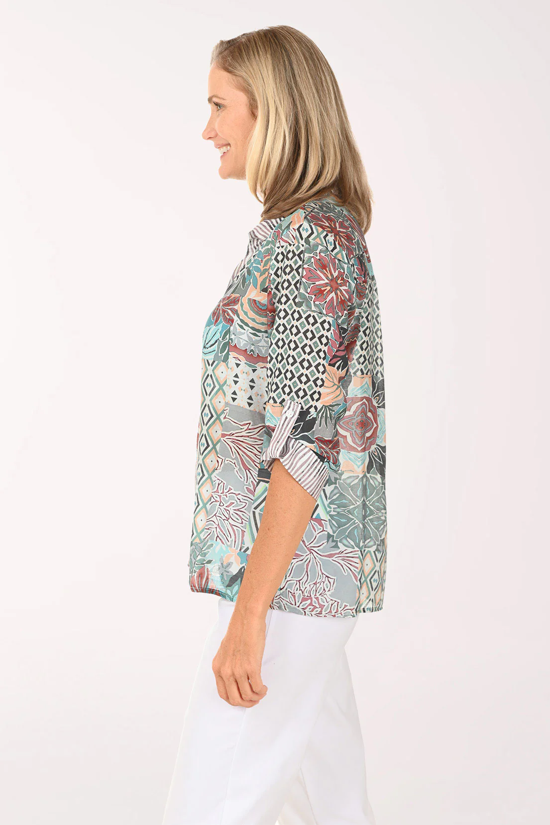 Green Patchwork Roll Sleeve Shirt - Image 2