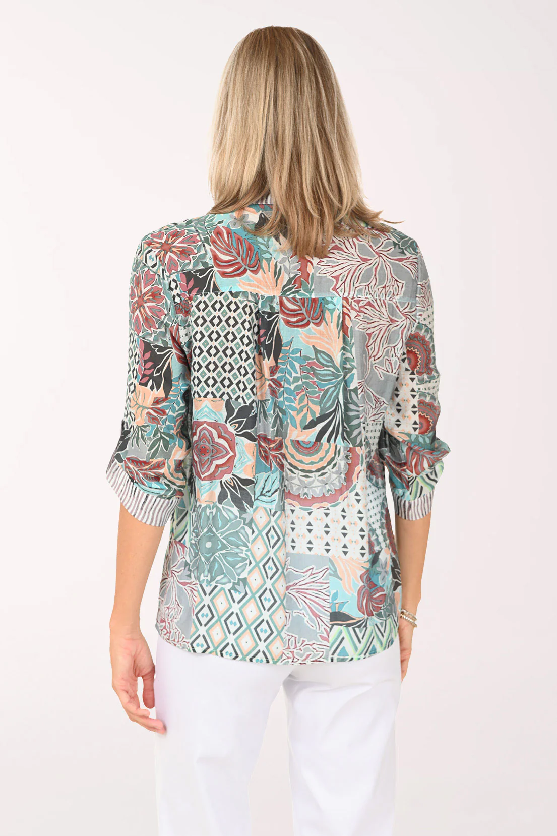 Green Patchwork Roll Sleeve Shirt - Image 3