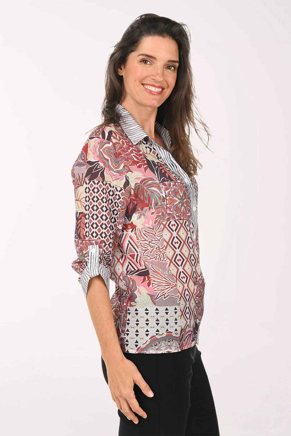 Pink Patchwork Roll Sleeve Shirt - Image 2