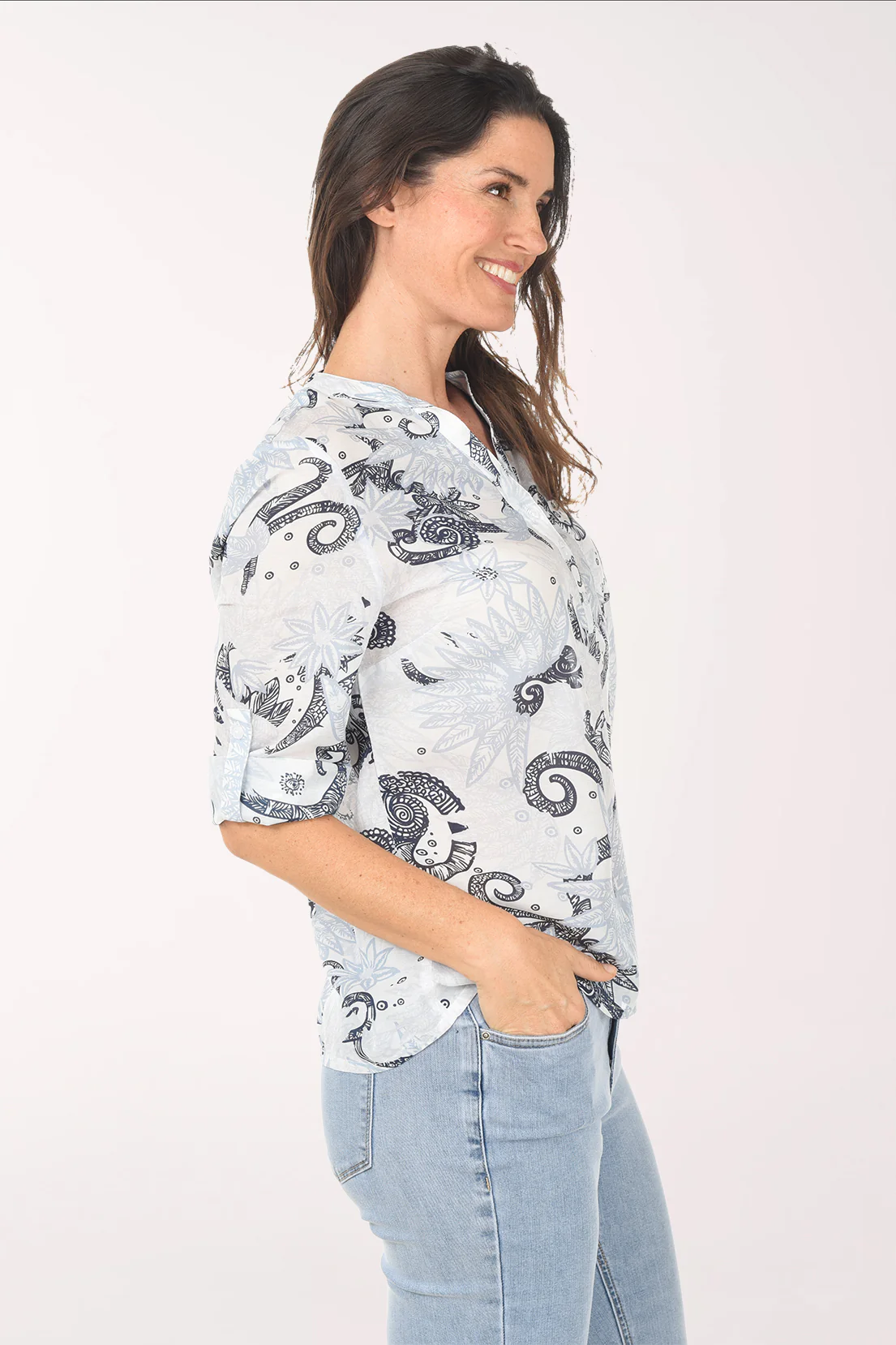 Blue Feathers Breezy Roll Sleeve Blouse - Image 2