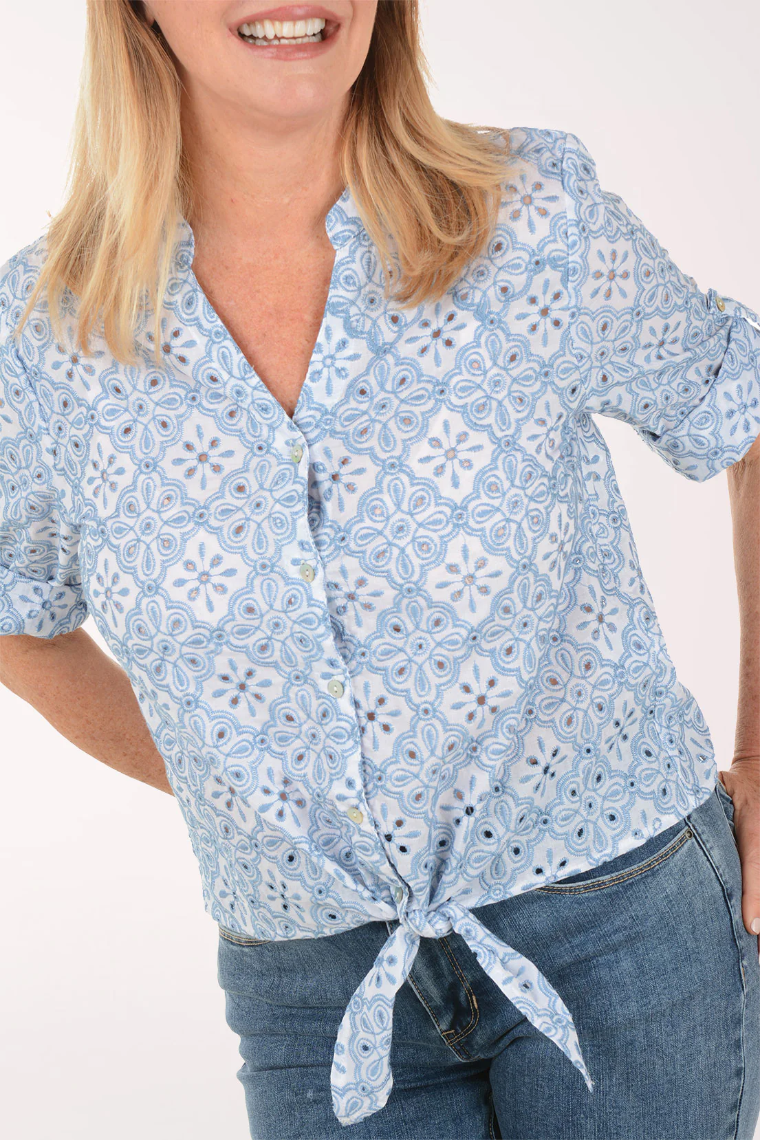 Cotton Eyelet Tie-Front Shirt - Image 4