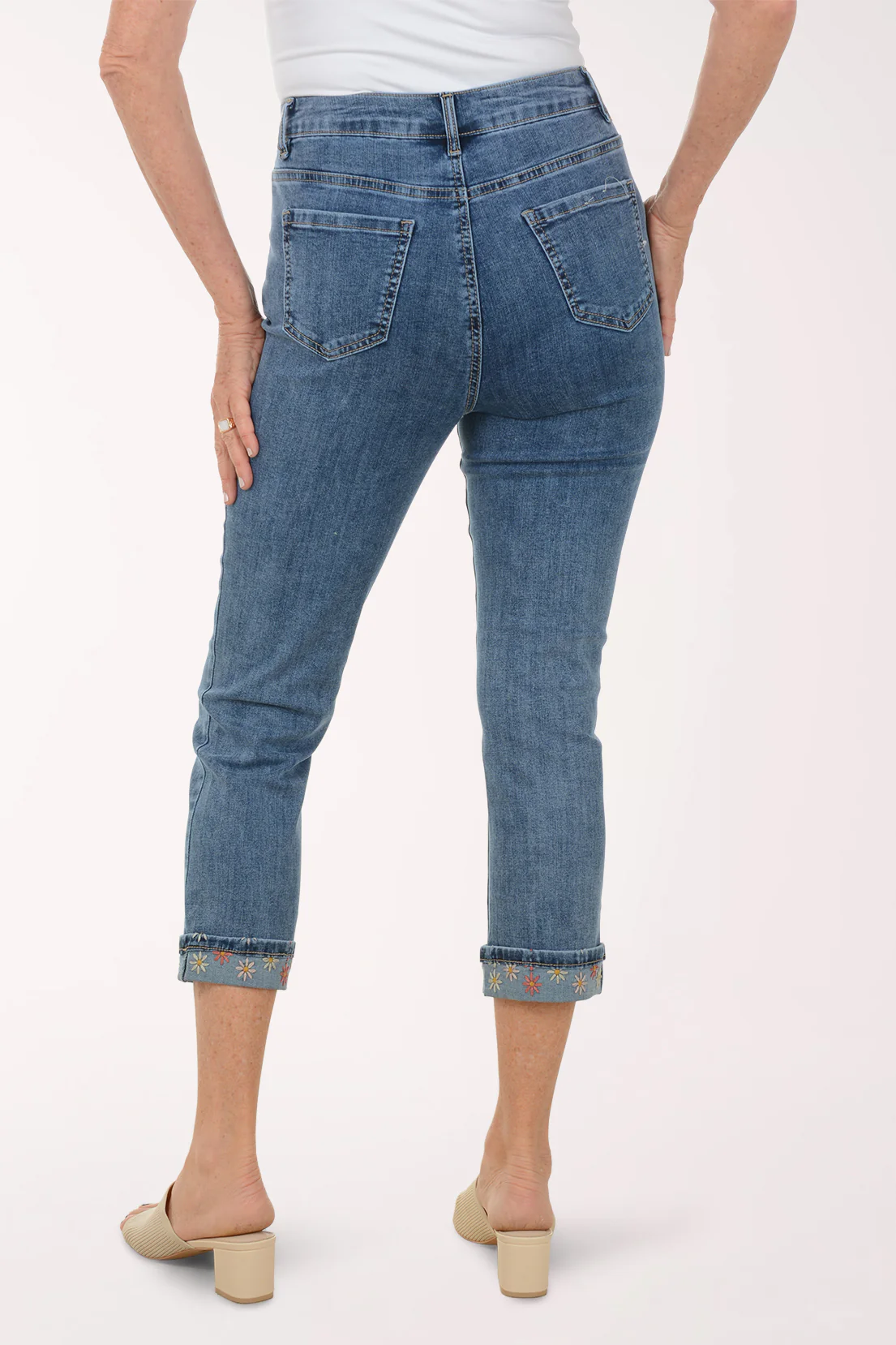 Floral Embroidered Cuffed Hem Denim Pant - Image 4