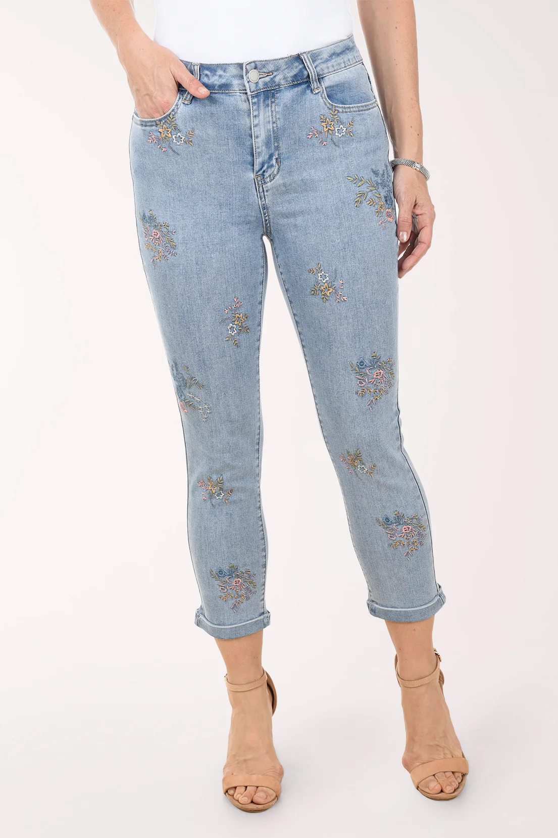 Bouquet Embroidered Cuffed Hem Denim Pant