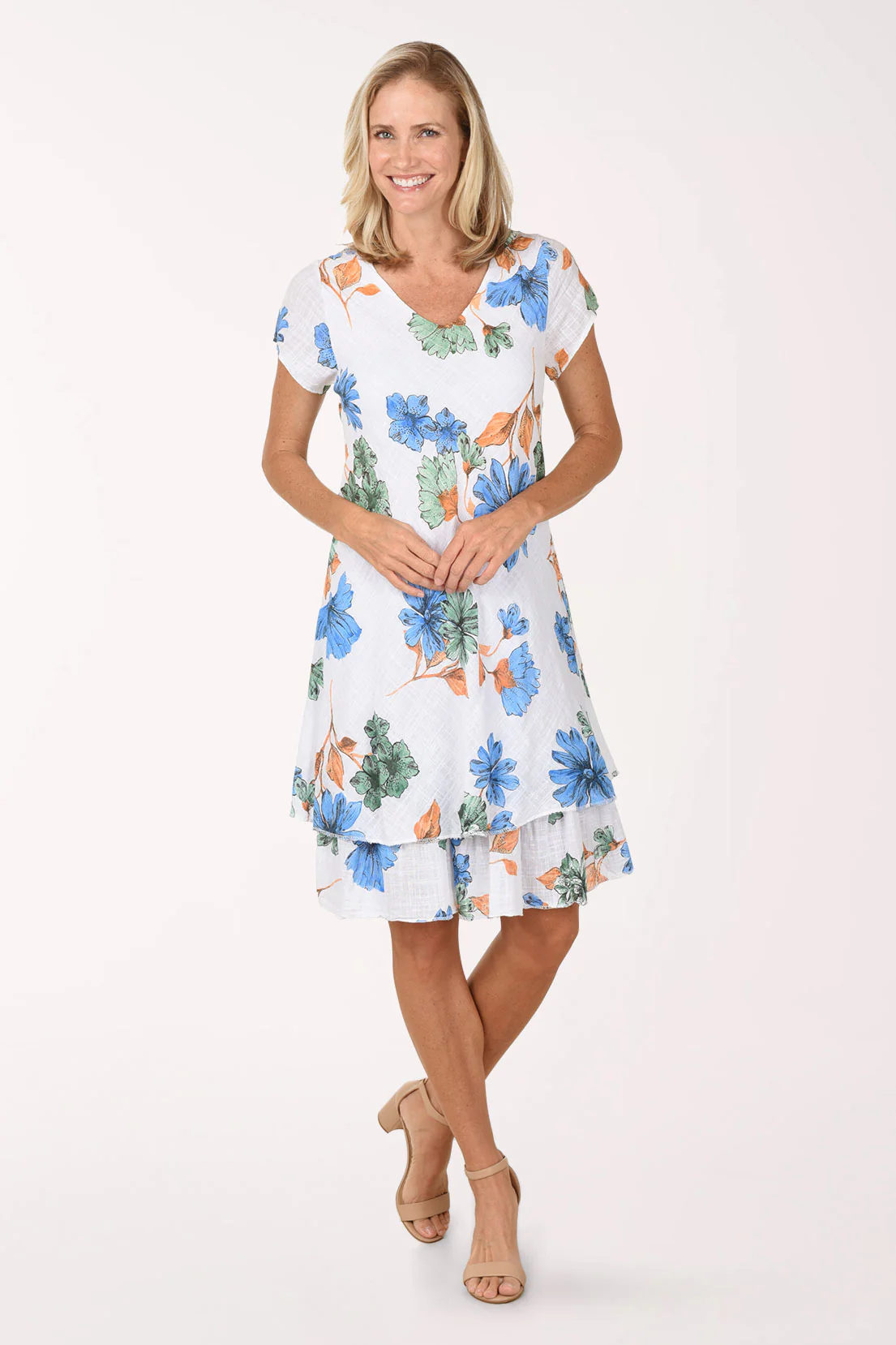 Green Flower Cotton Cap Sleeve Layered Dress