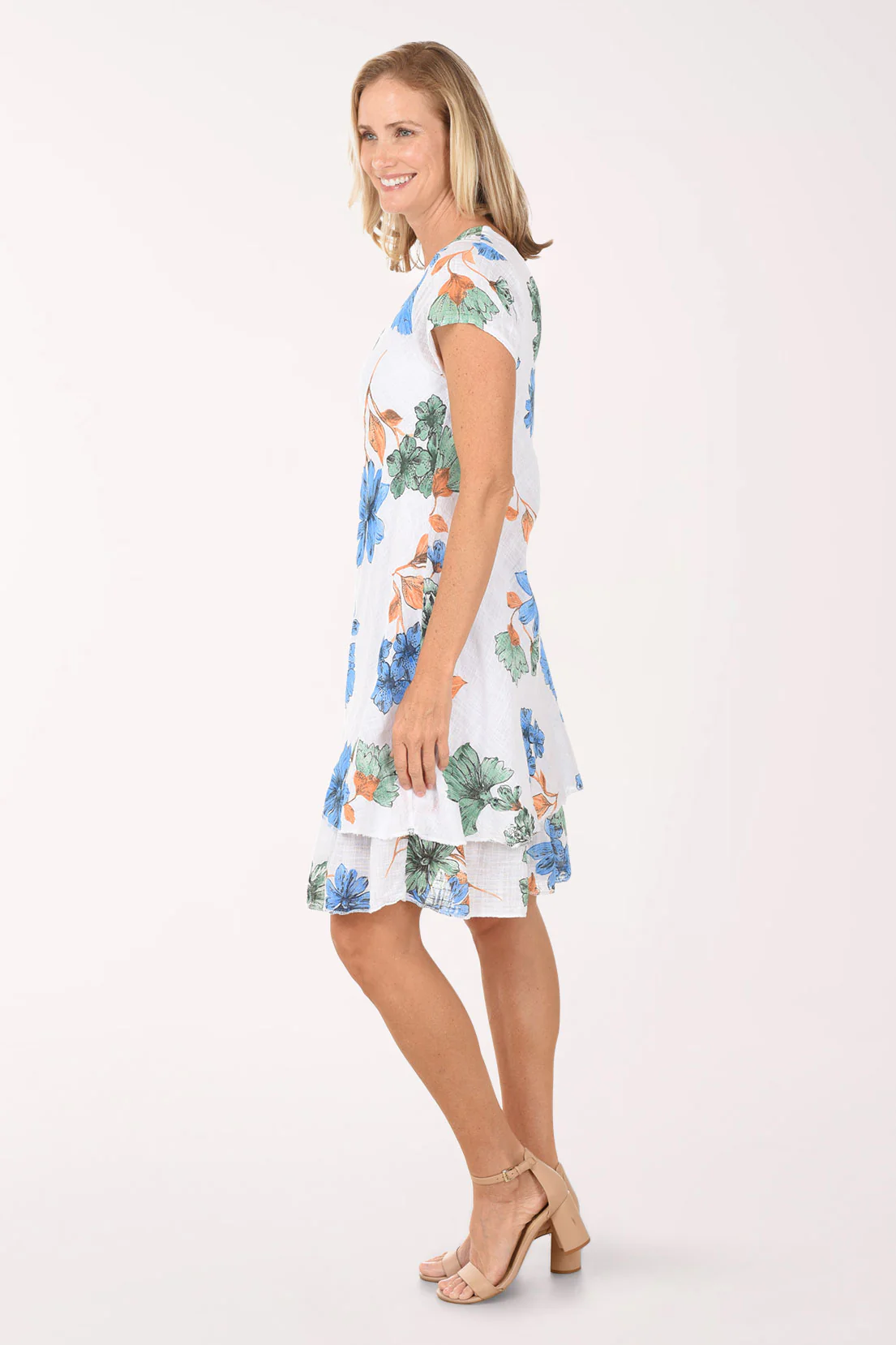 Green Flower Cotton Cap Sleeve Layered Dress - Image 2