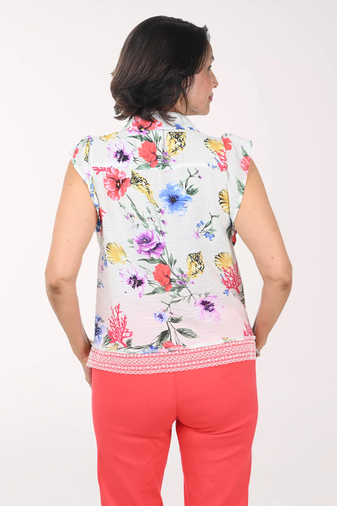 Floral Lace Trim Flutter Sleeve Blouse - Image 4