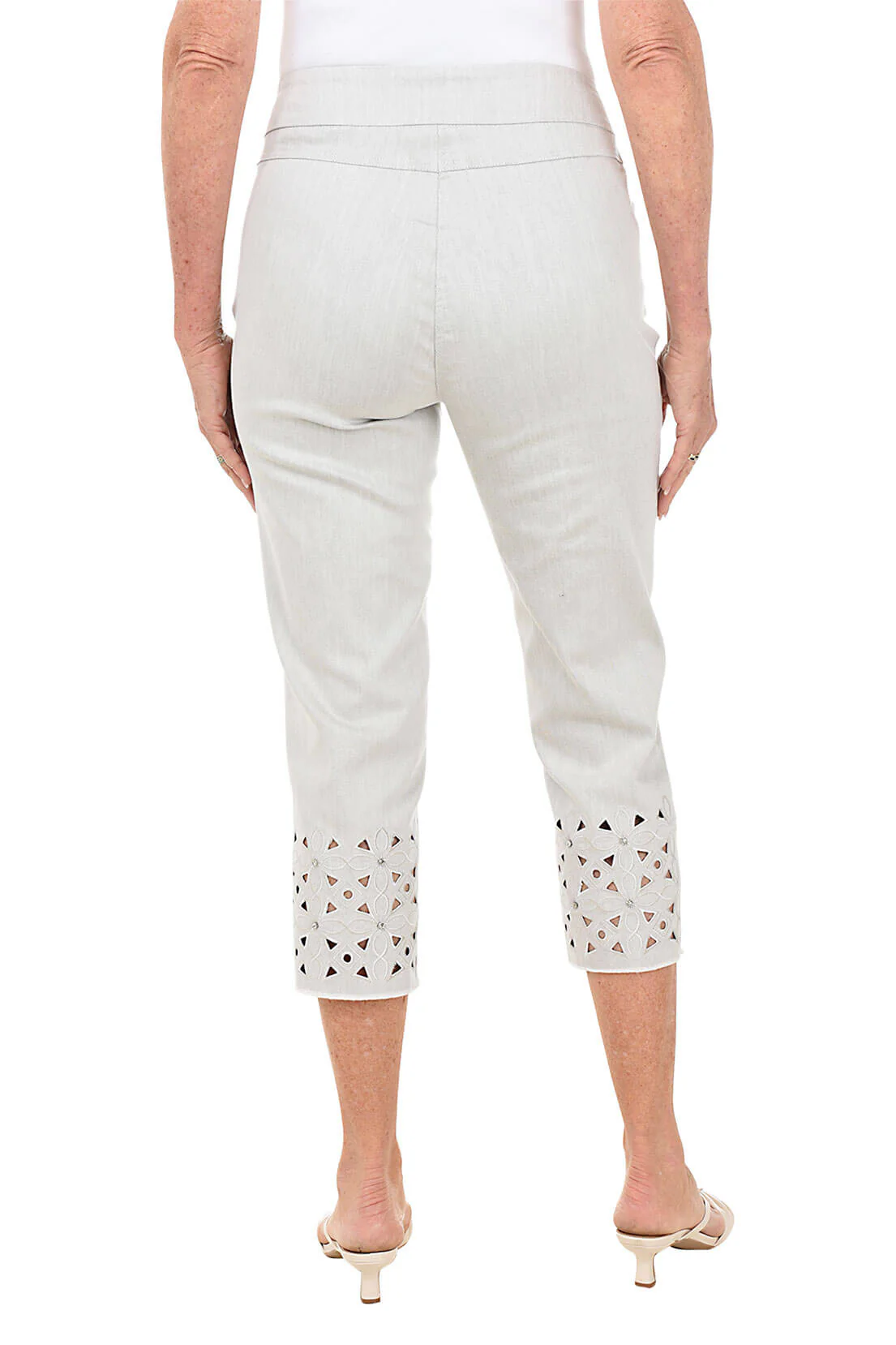 Rhinestone Flower Eyelet Hem Denim Capri Pant - Image 3