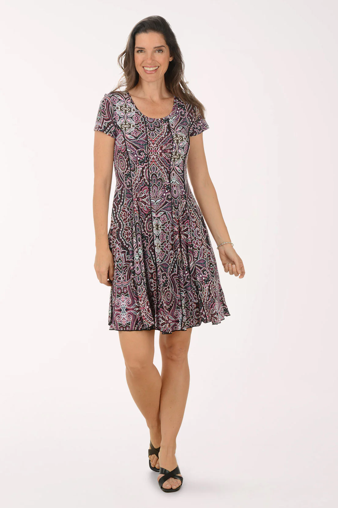 Dotted Damask Puff Print Seamed Dress