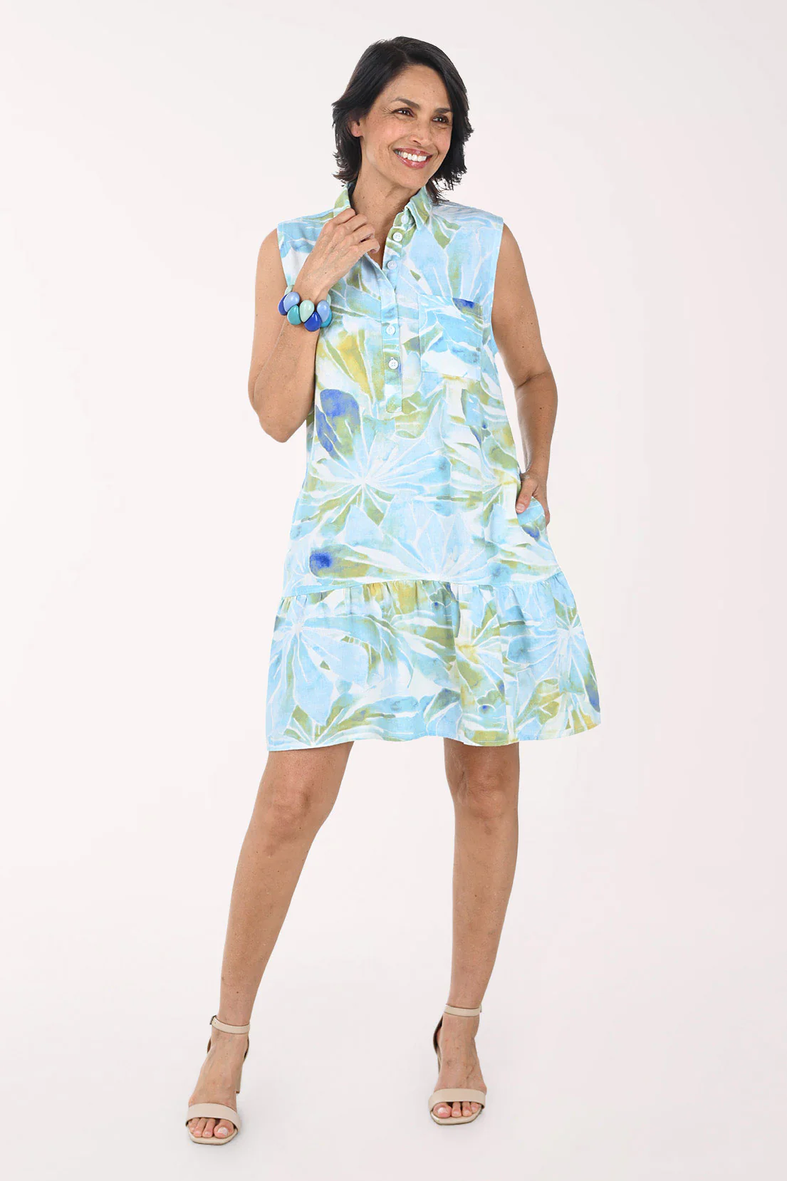 Watercolor Aqua Floral Flounce Hem Sleeveless Dress